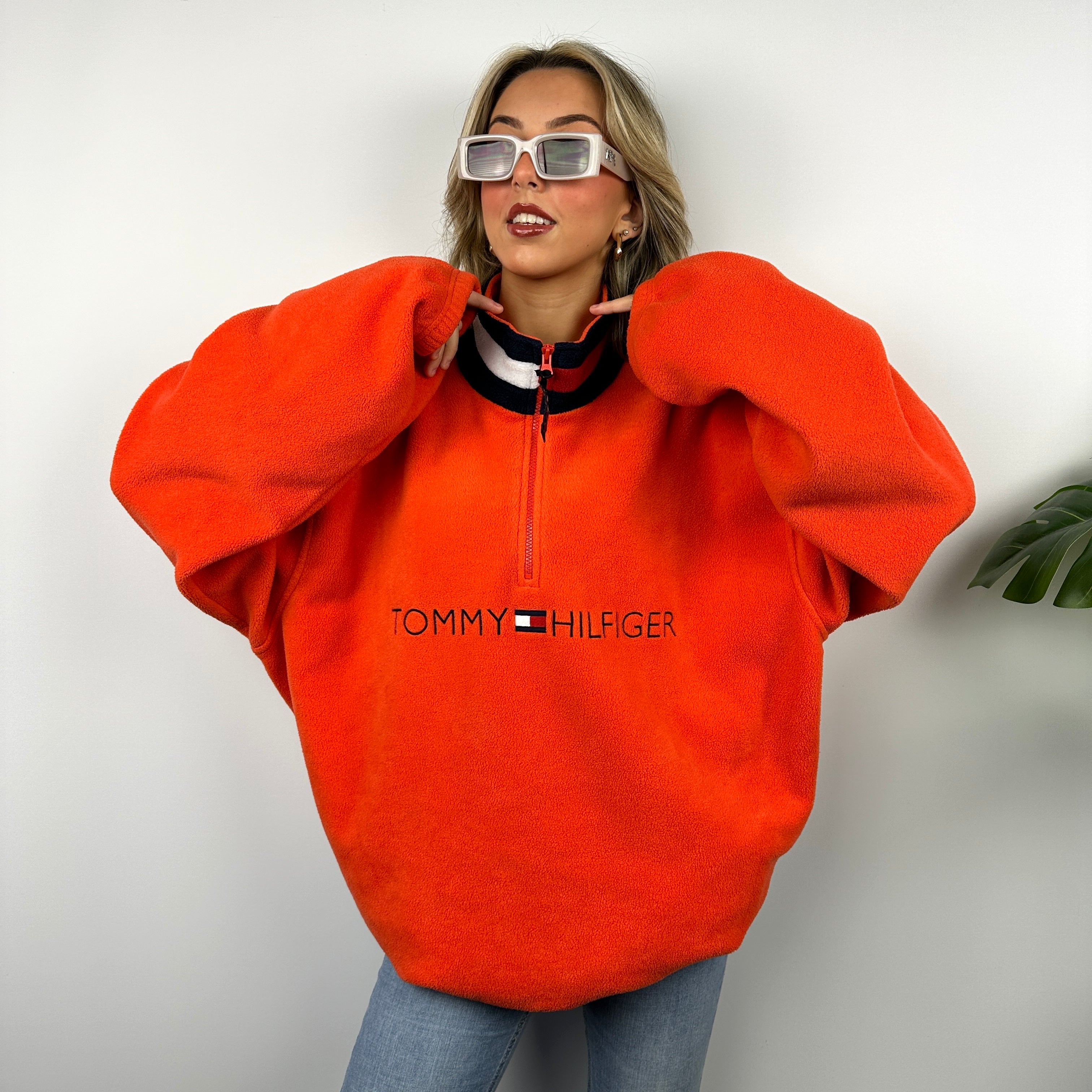 Tommy Hilfiger Orange Embroidered Spell Out Teddy Bear Fleece Quarter Zip Sweatshirt (XXL)