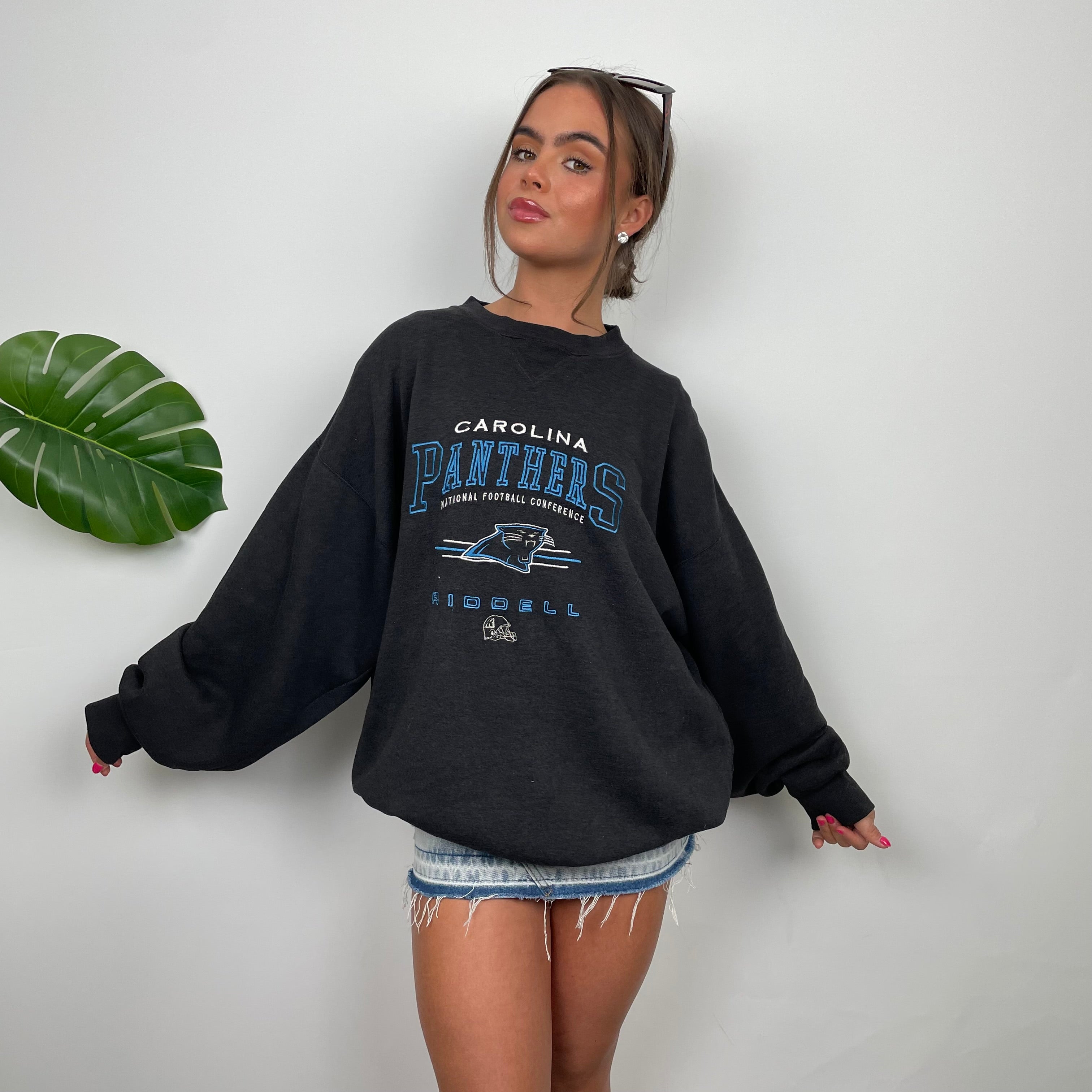 Carolina Panthers Black Embroidered Spell Out Sweatshirt (L)