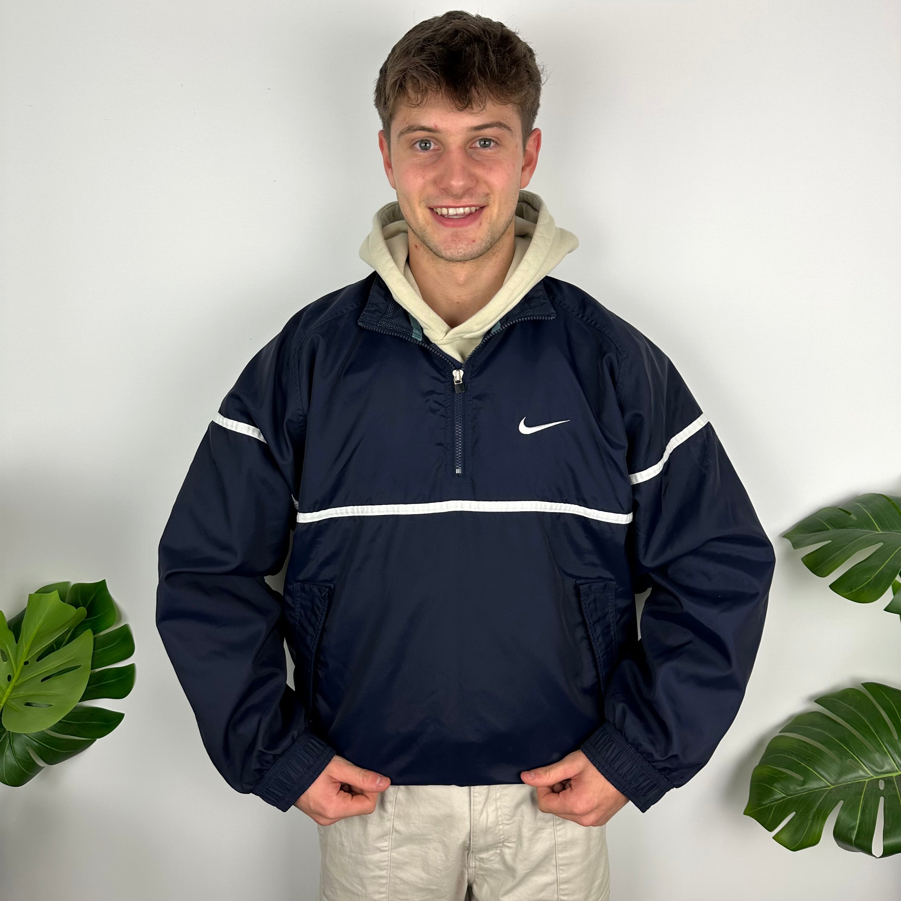 Nike Navy Embroidered Spell Out Quarter Zip Windbreaker Jacket (L)