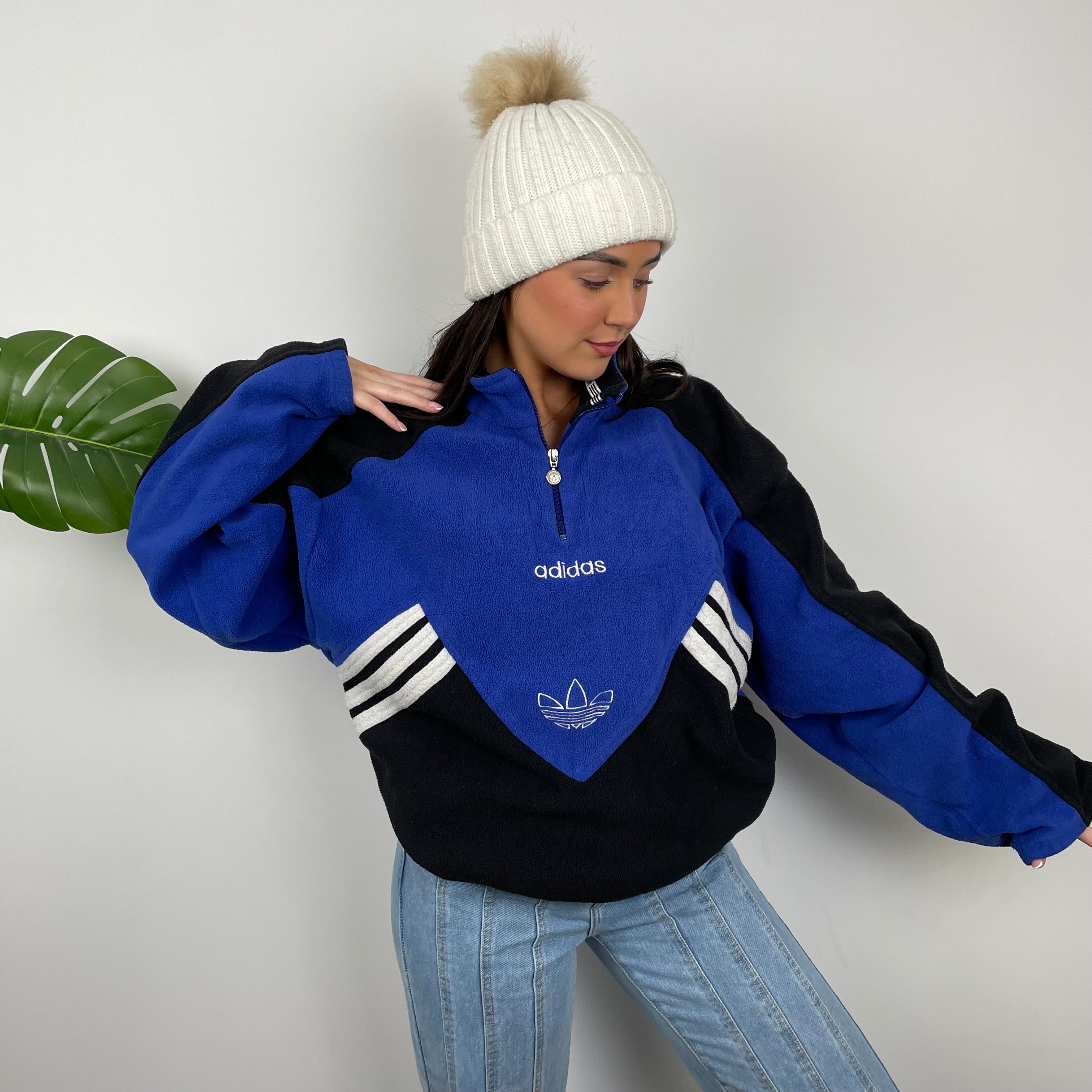 Adidas Blue Colour Block Embroidered Spell Out Teddy Bear Fleece Quarter Zip Sweatshirt (M)