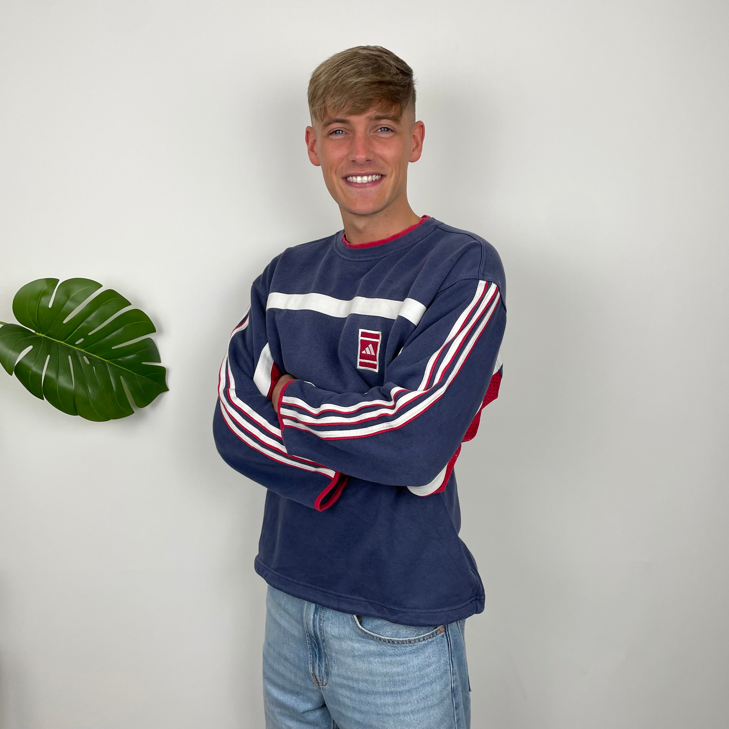 Adidas RARE Red and Navy Embroidered Spell Out Sweatshirt (L)