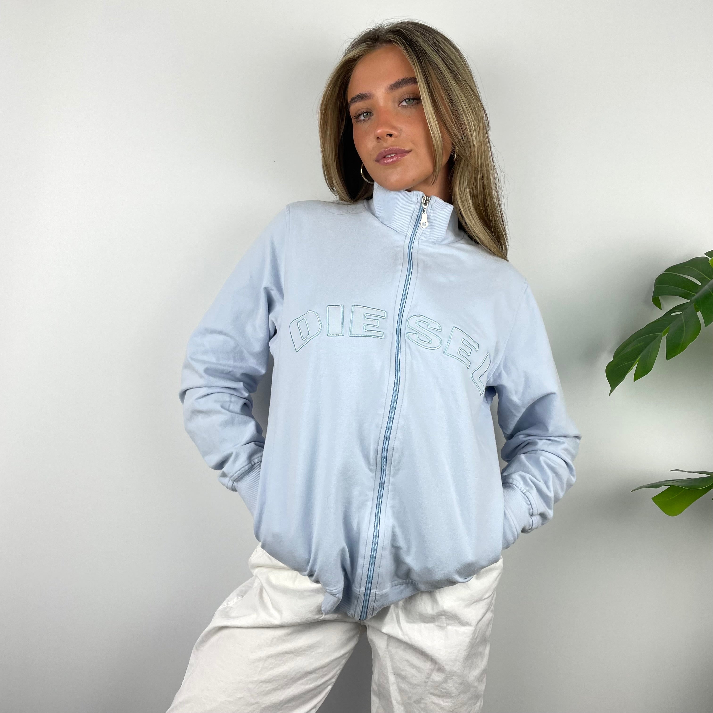 Diesel RARE Baby Blue Embroidered Spell Out Zip Up Jacket (M)