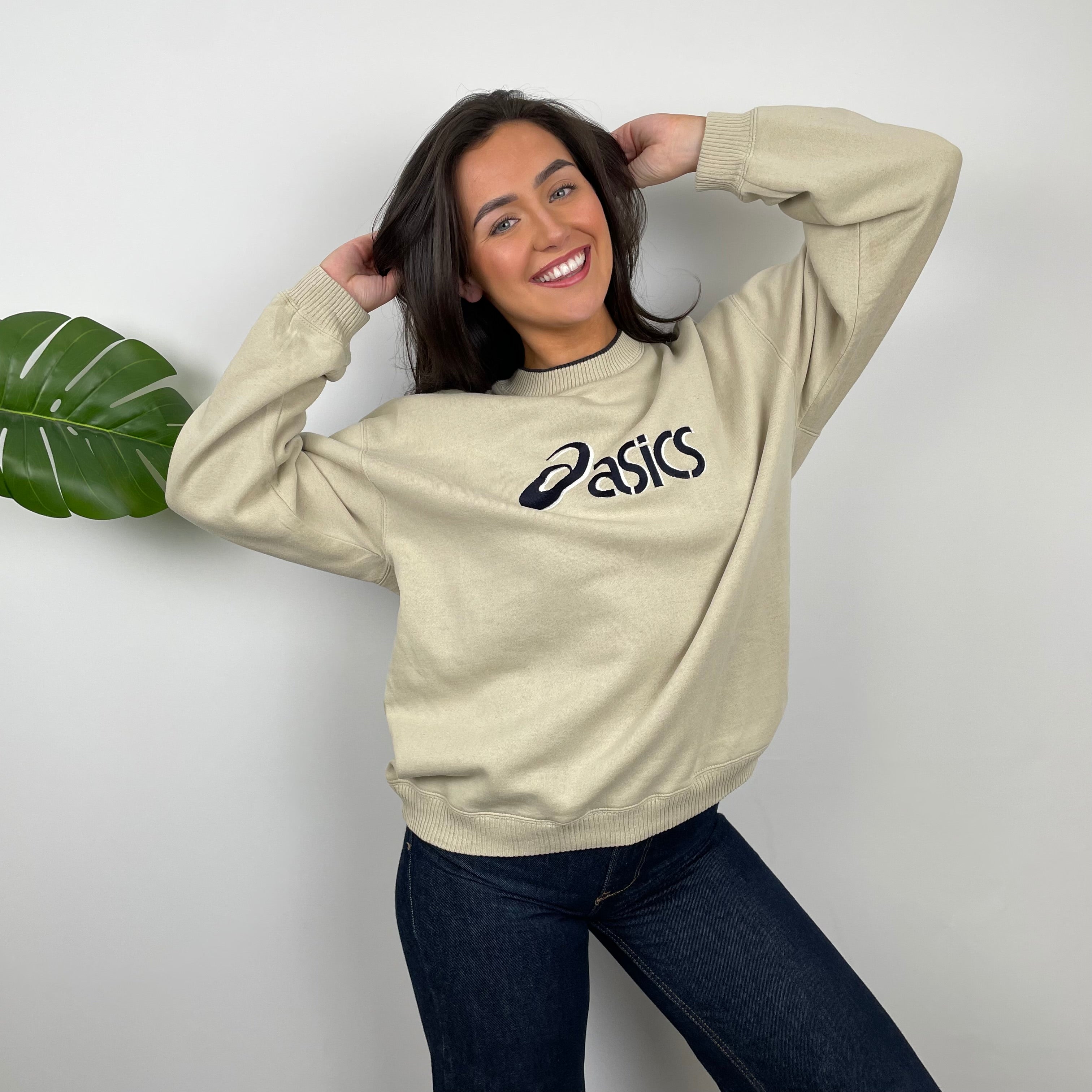 ASICS Tan Beige Embroidered Spell Out Sweatshirt (M)