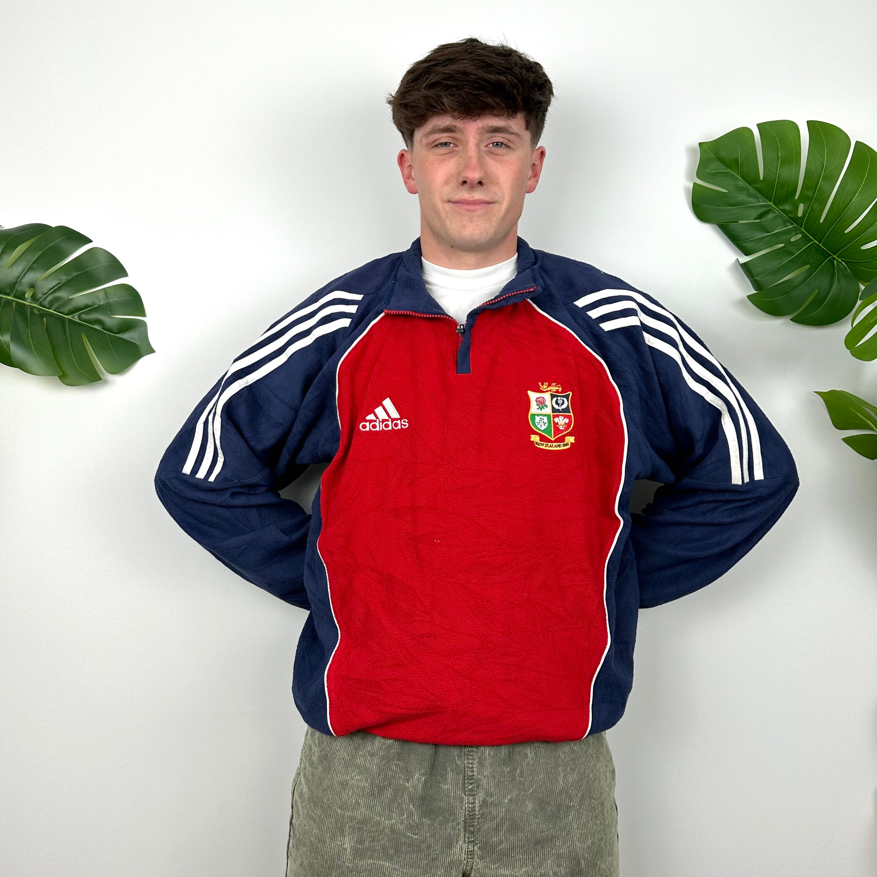 Adidas X British & Irish Lions Rugby RARE Red Embroidered Logo Teddy Bear Fleece Quarter Zip Sweatshirt (L)
