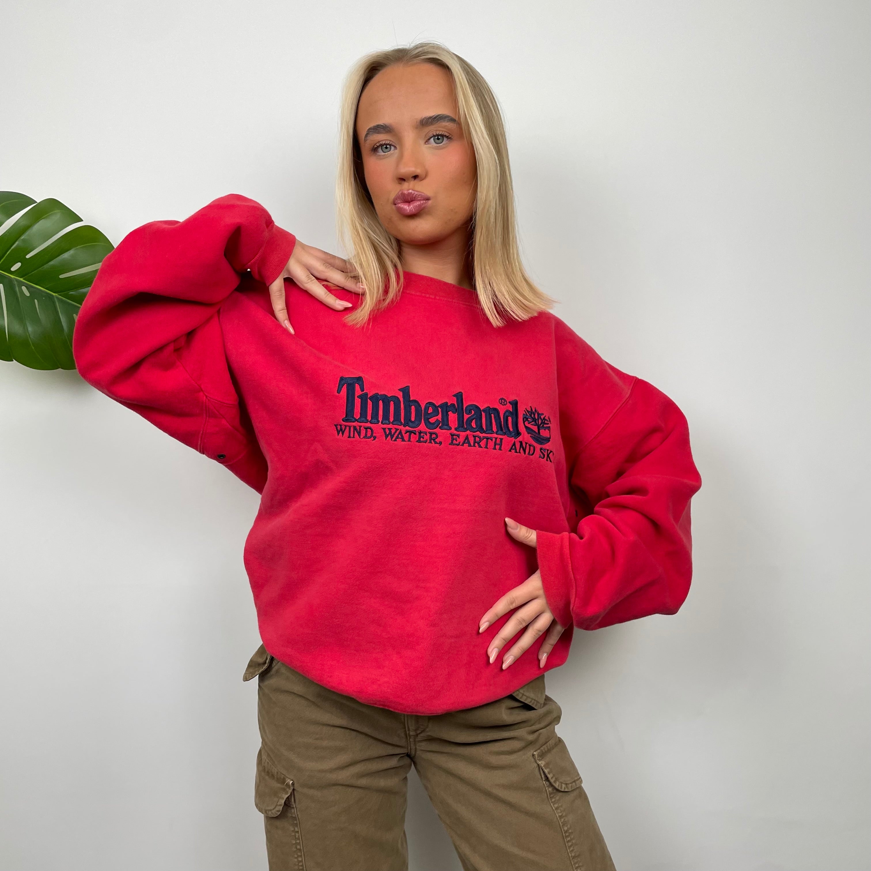 Timberland Red Embroidered Spell Out Sweatshirt (M)