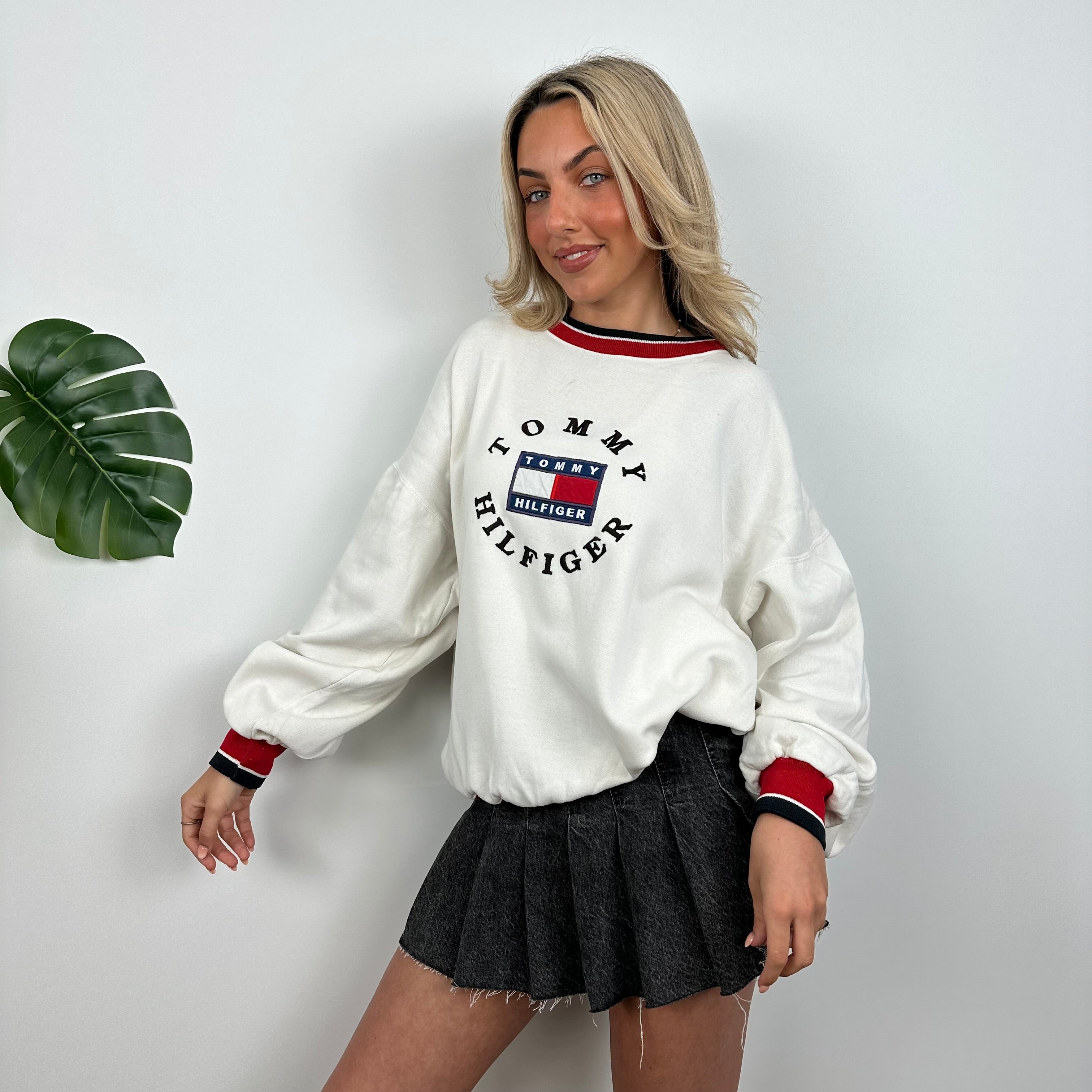 Tommy Hilfiger RARE White Embroidered Spell Out Sweatshirt (M)