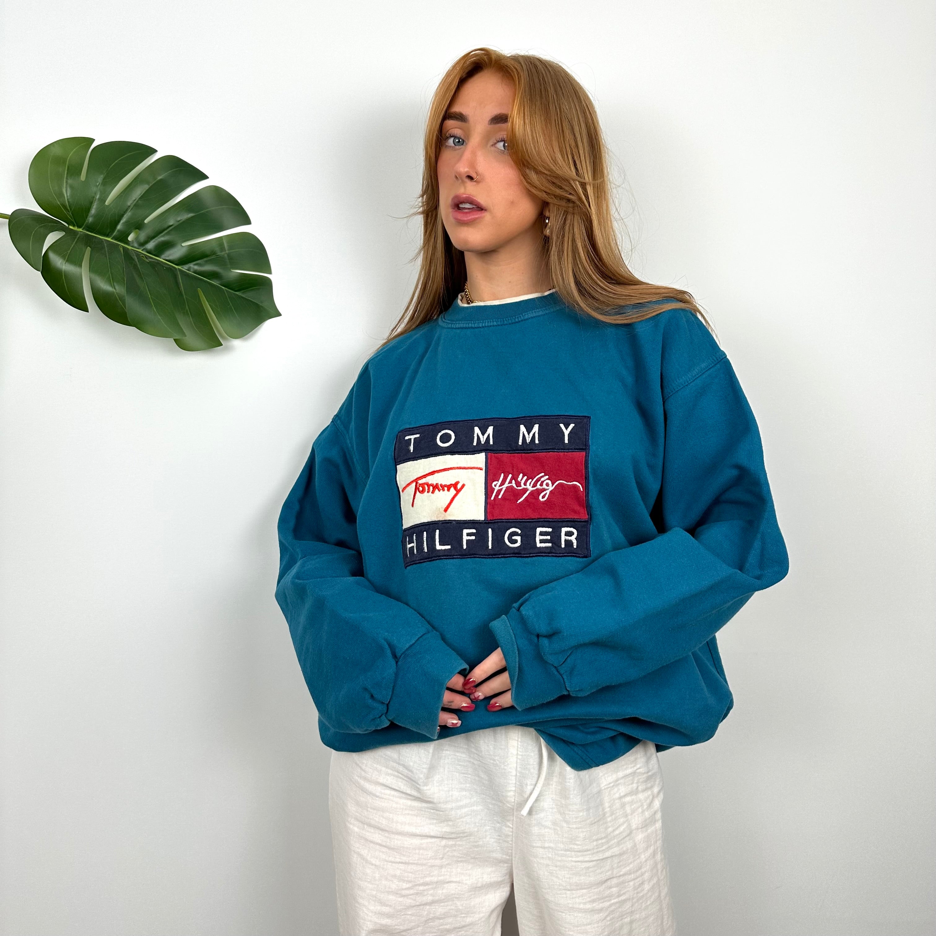 Tommy Hilfiger Turquoise Embroidered Spell Out Sweatshirt (XL)