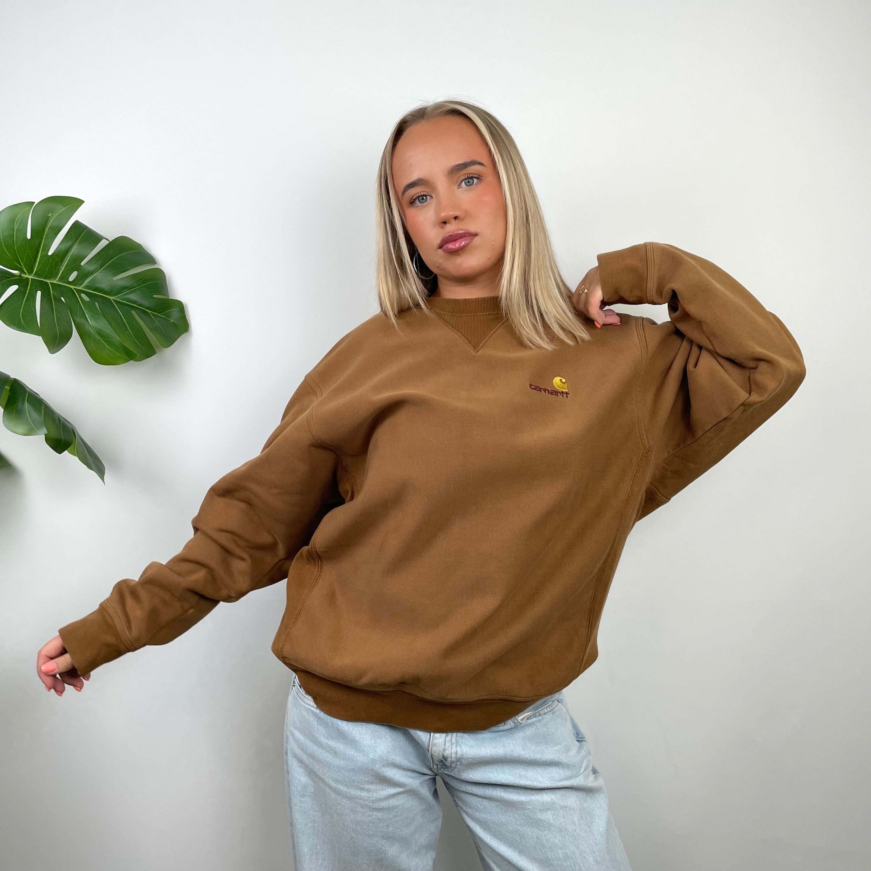 Carhartt RARE Tan Brown Embroidered Spell Out Sweatshirt (L)