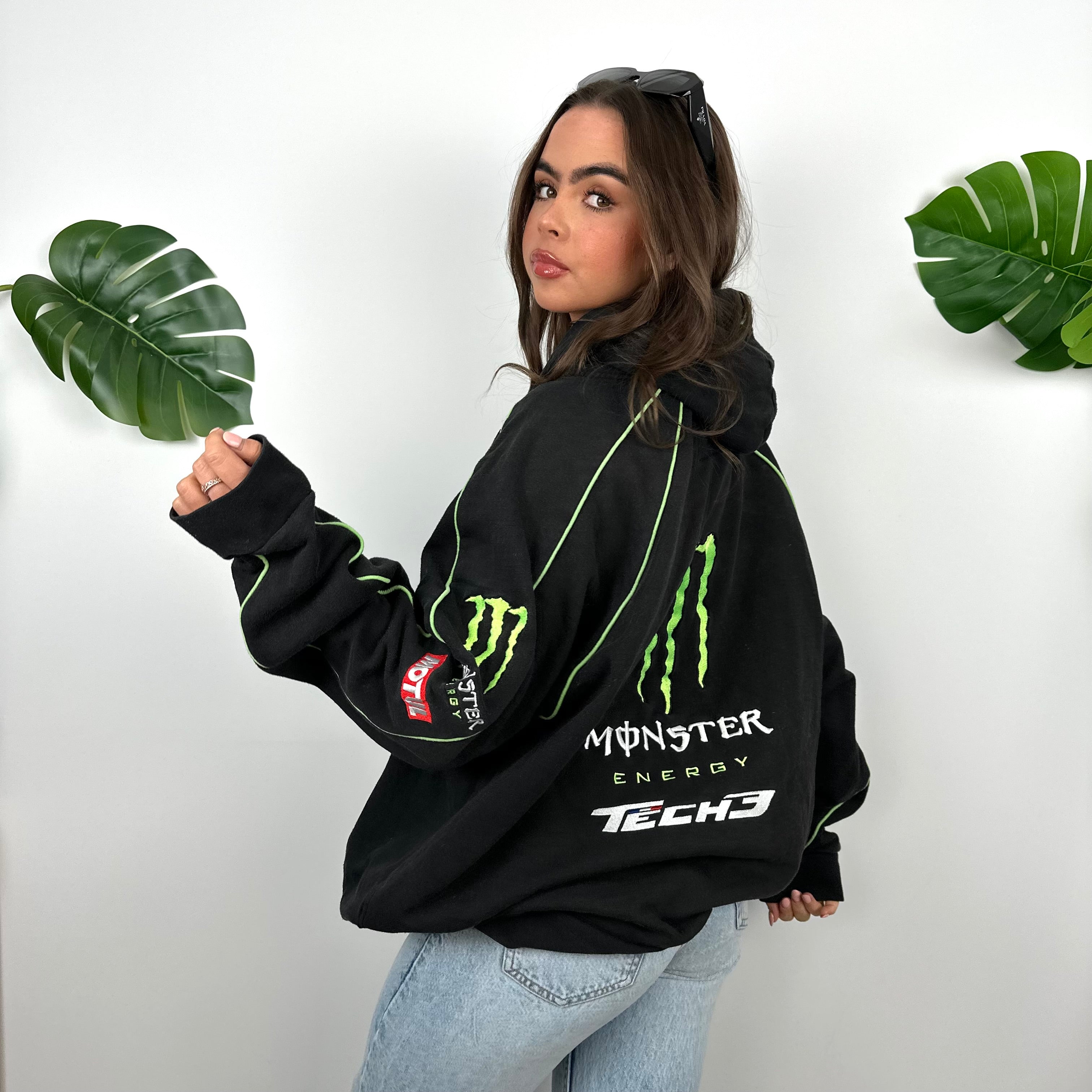 Monster Energy Racing Team Black Embroidered Spell Out Zip Up Hoodie Jacket (XL)