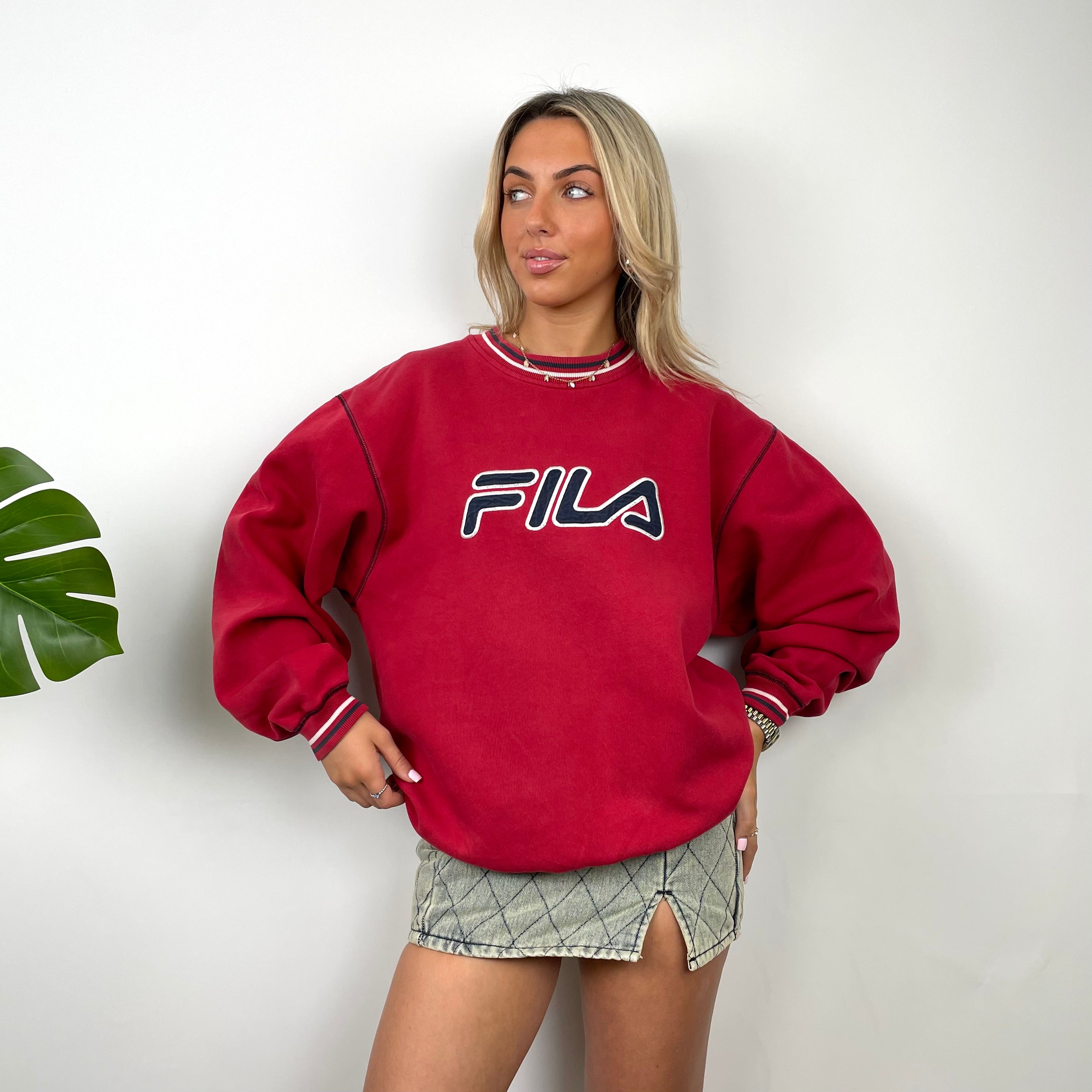 FILA Red Embroidered Spell Out Sweatshirt (L)