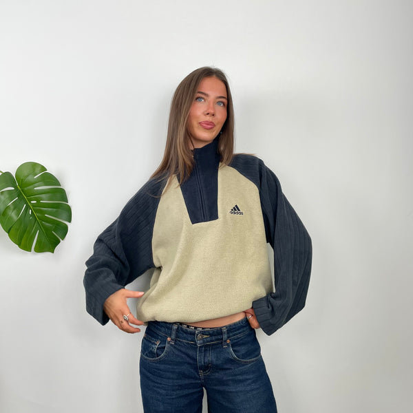 Adidas RARE Cream Embroidered Spell Out Teddy Bear Fleece Quarter Zip Sweatshirt (L)