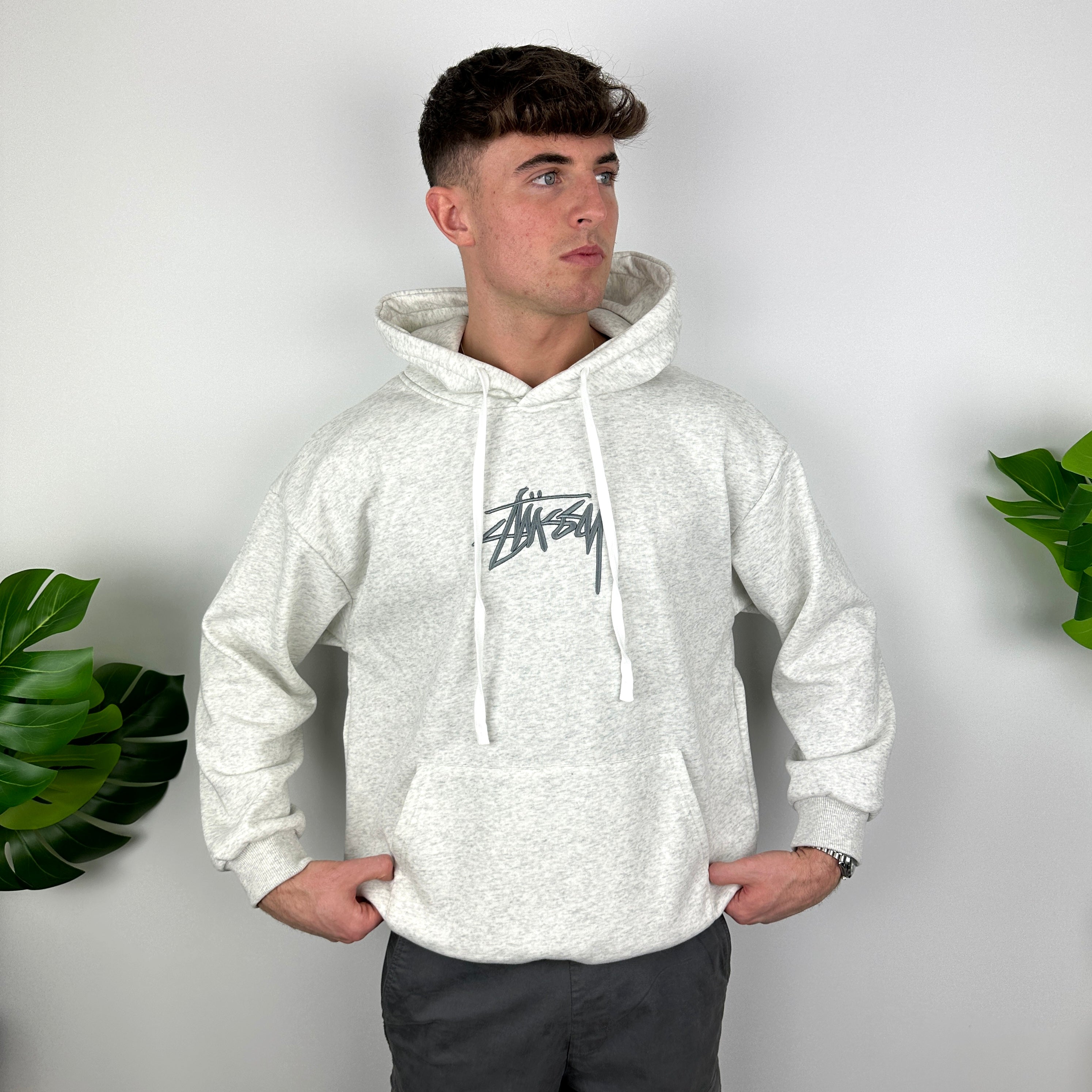 Stussy Grey Embroidered Spell Out Hoodie (L)