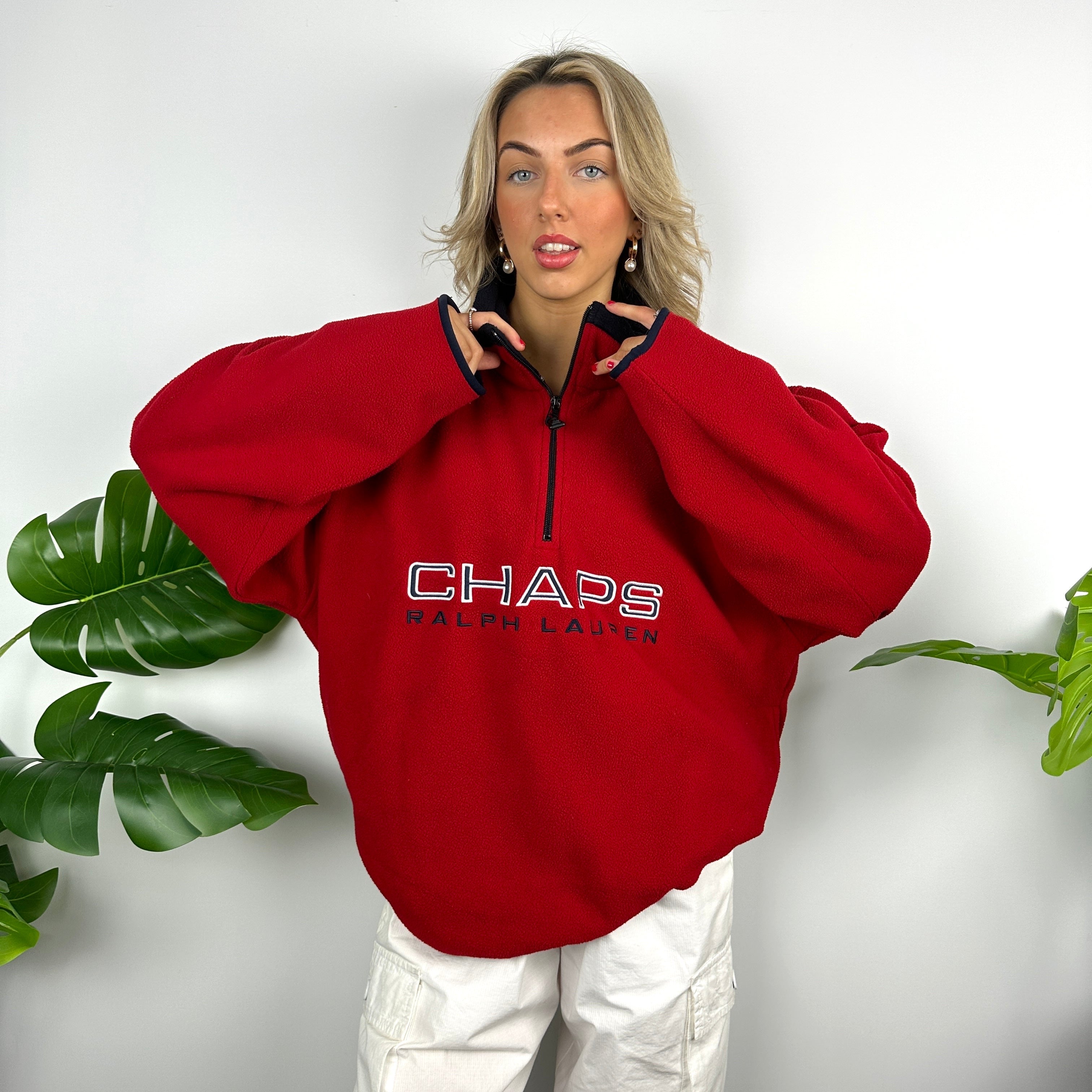 Chaps Ralph Lauren Red Embroidered Spell Out Teddy Bear Fleece Quarter Zip Sweatshirt (L)