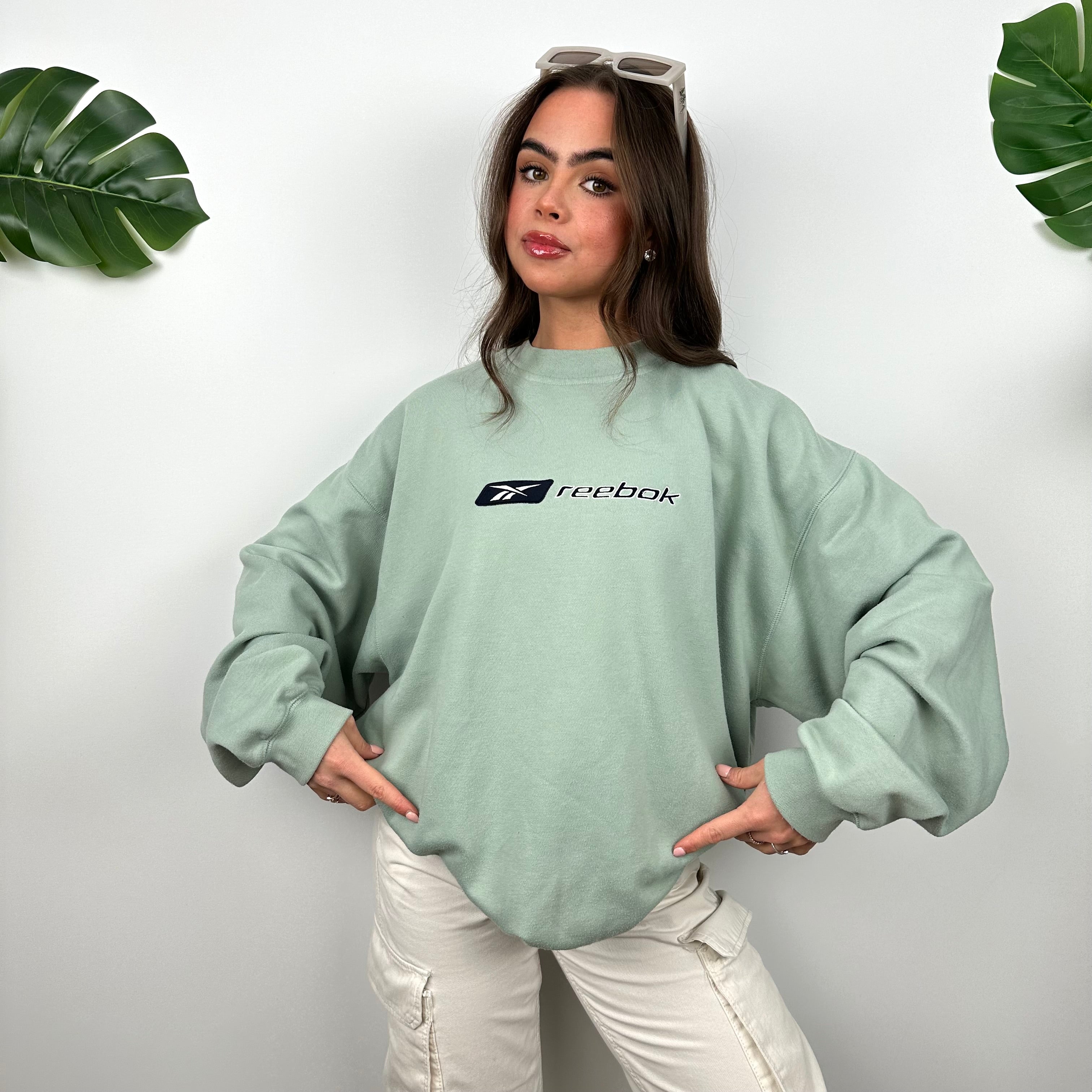 Reebok RARE Mint Green Embroidered Spell Out Sweatshirt (XL)