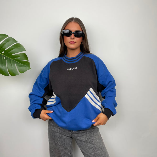 Adidas Black & Blue Embroidered Spell Out Colour Block Sweatshirt (L)