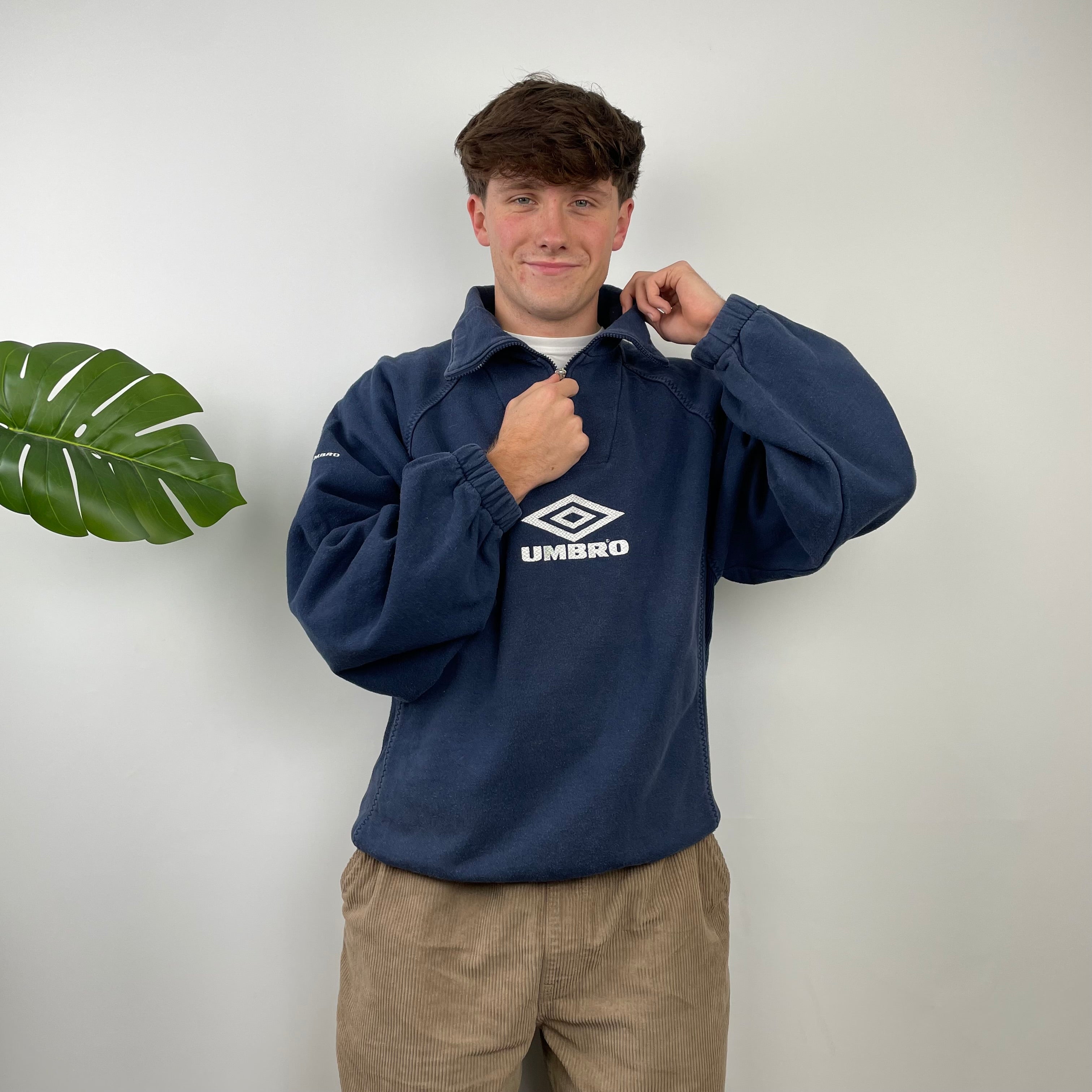 Umbro RARE Navy Embroidered Spell Out Quarter Zip Sweatshirt (L)