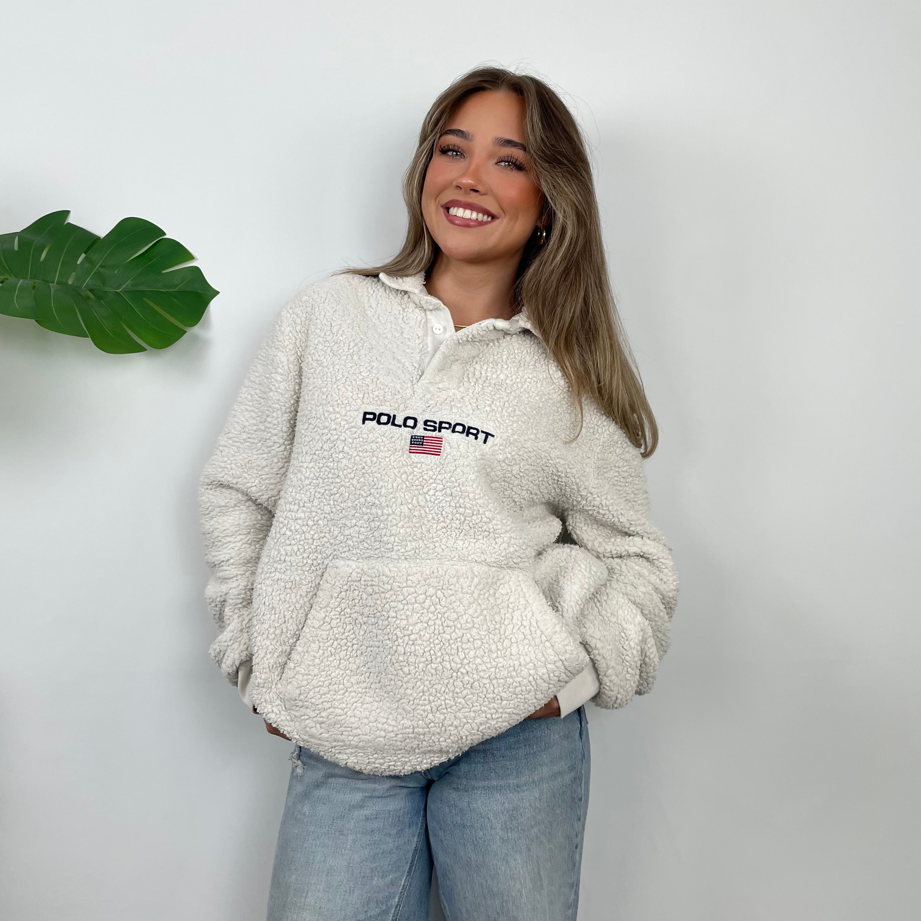 Polo Ralph Lauren Sport RARE Cream Embroidered Spell Out Teddy Bear Fleece Button Up Sweatshirt (L)