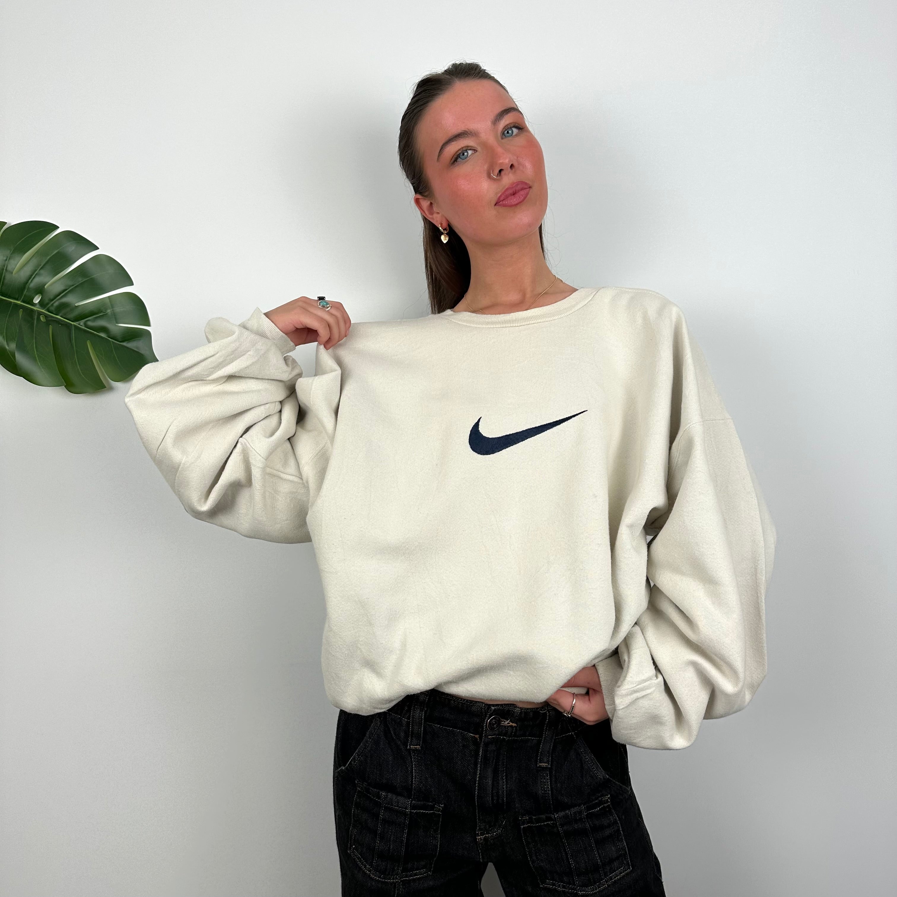 Nike Cream Embroidered Swoosh Sweatshirt (XL)