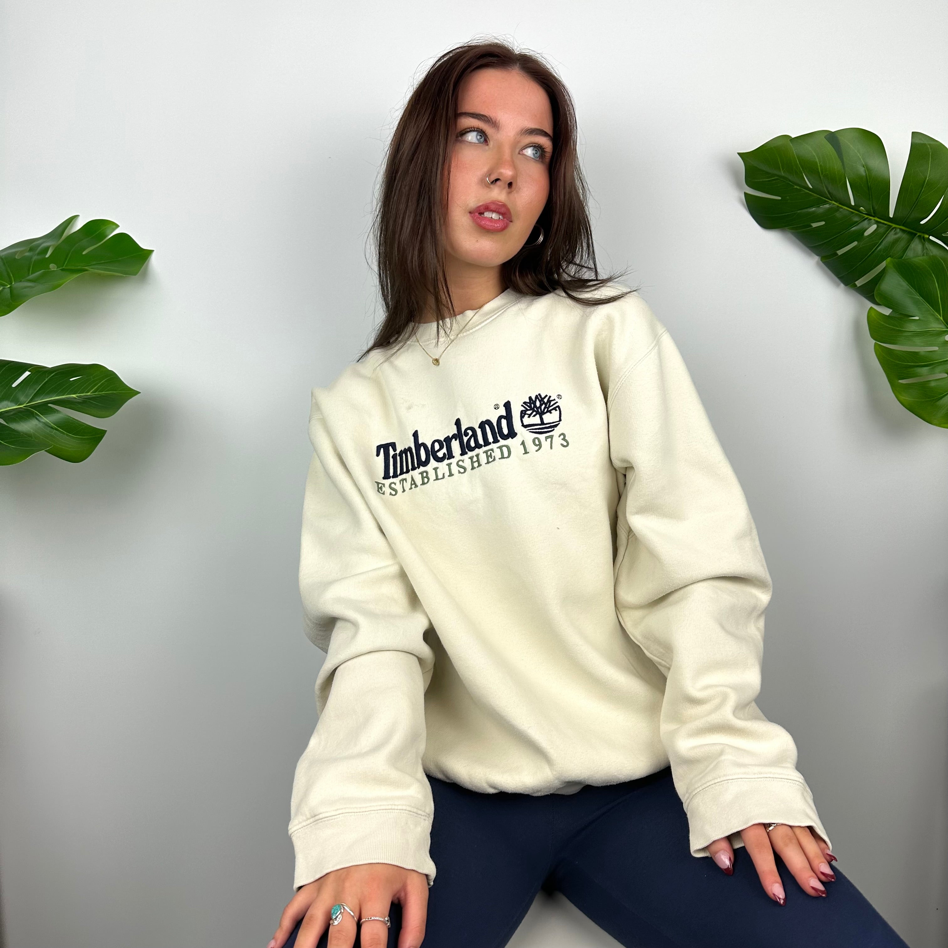 Timberland Cream Embroidered Spell Out Sweatshirt (M)