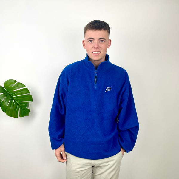 FILA Blue Embroidered Teddy Bear Quarter Zip Fleece Sweatshirt (XL)