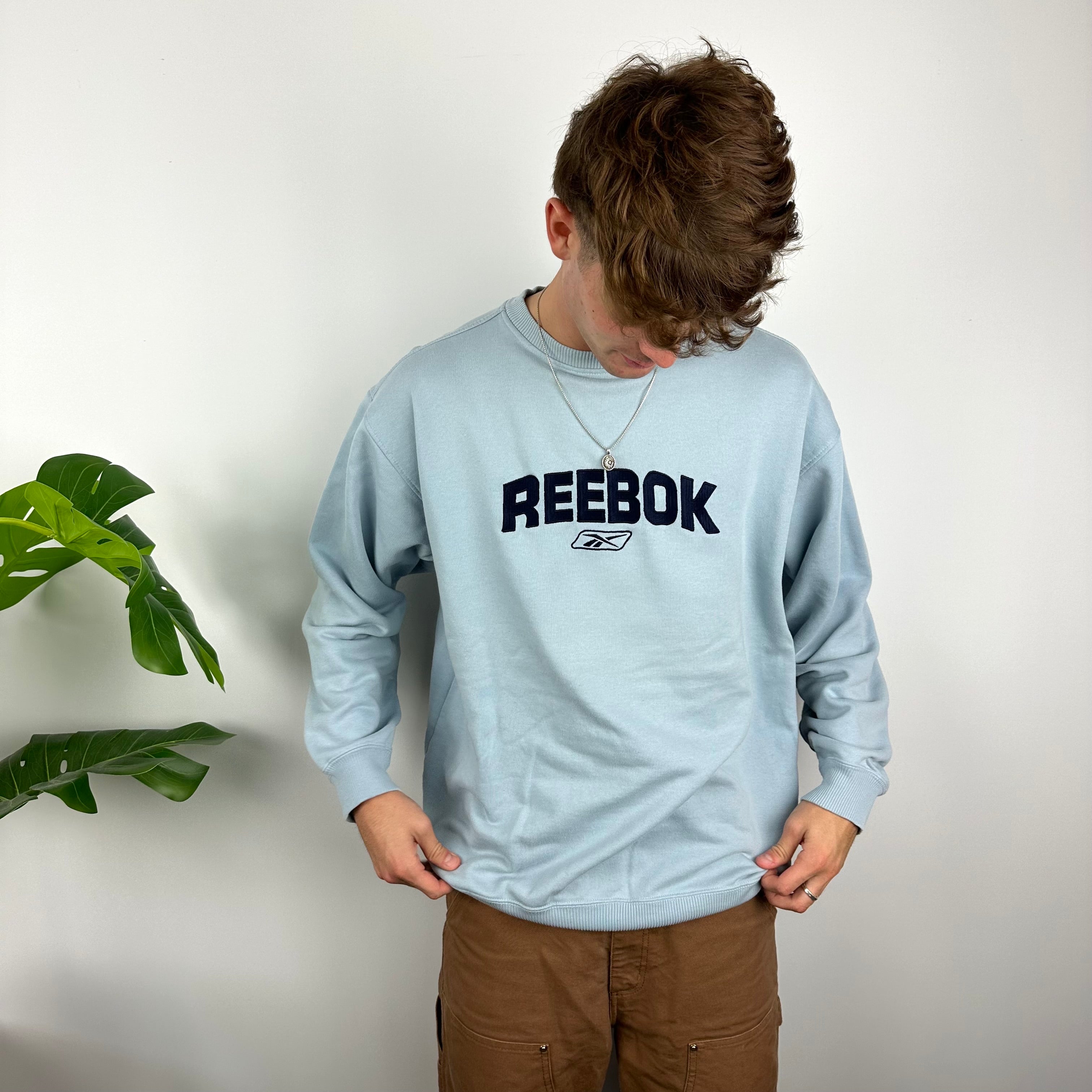 Reebok RARE Baby Blue Embroidered Spell Out Sweatshirt (XL)