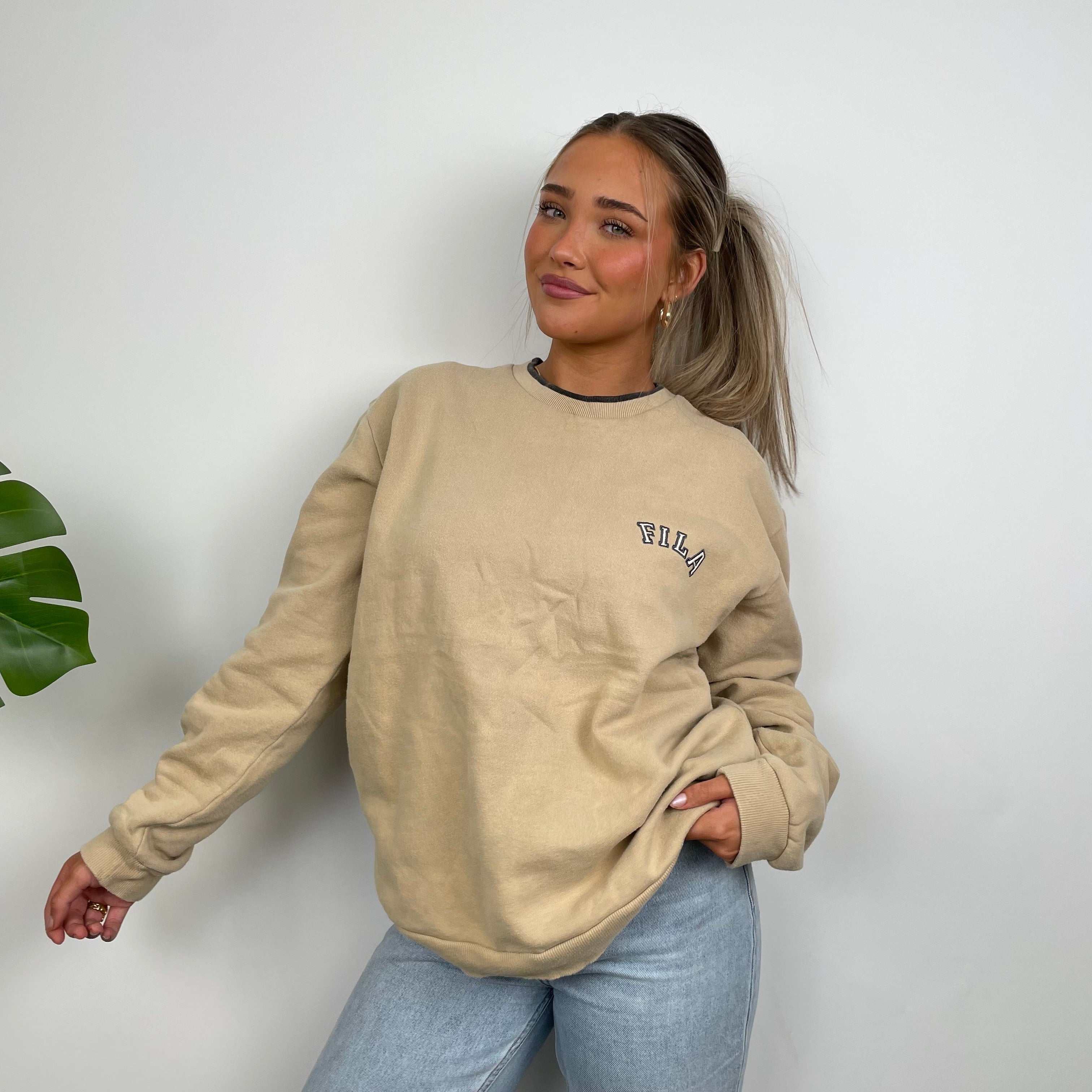 FILA Tan Brown Embroidered Spell Out Sweatshirt (L)