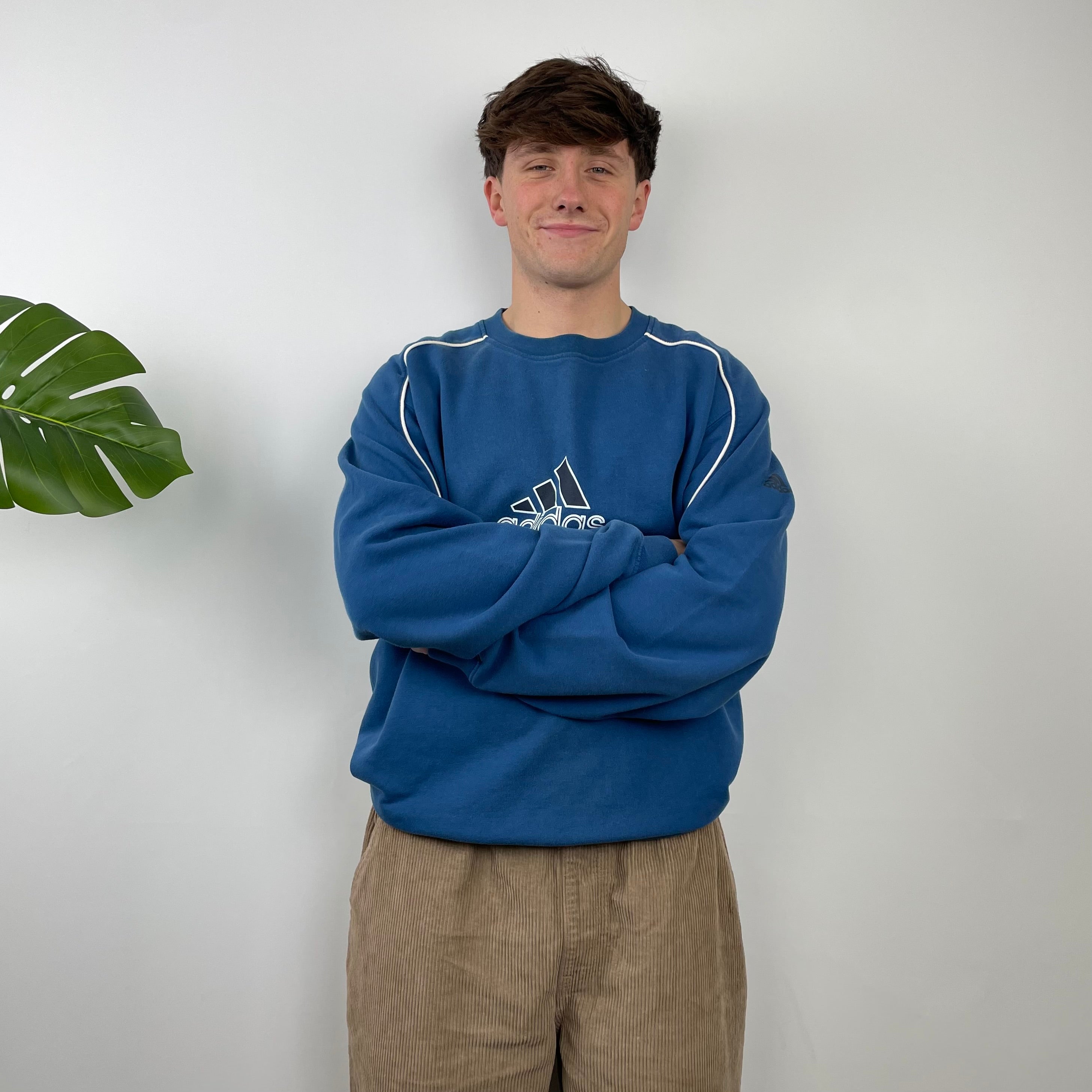 Adidas Blue Embroidered Spell Out Sweatshirt (XL)