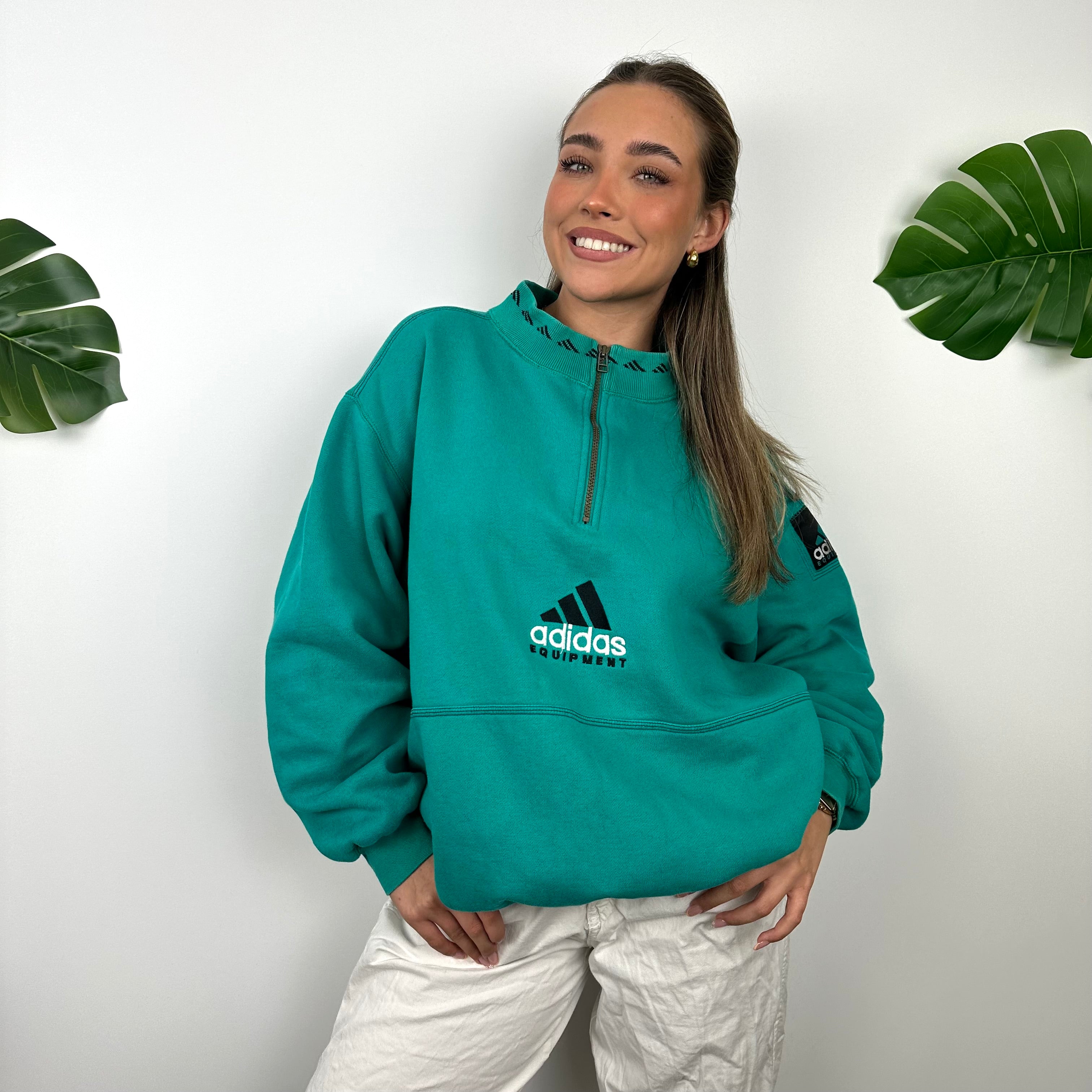 Adidas Equipment Turquoise Green Embroidered Spell Out Quarter Zip Sweatshirt (L)