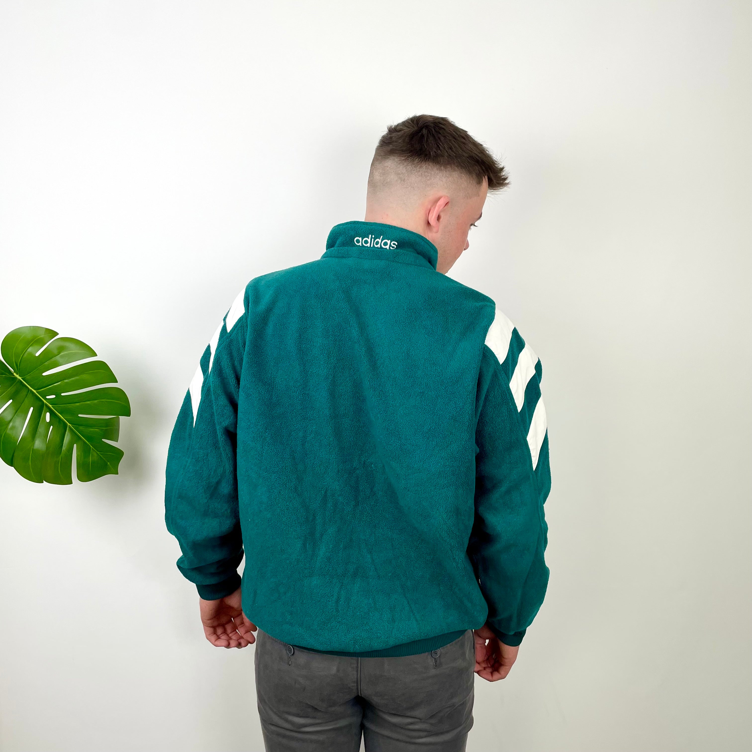 Adidas Green Embroidered Spell Out Fleece Quarter Zip Sweatshirt (L)