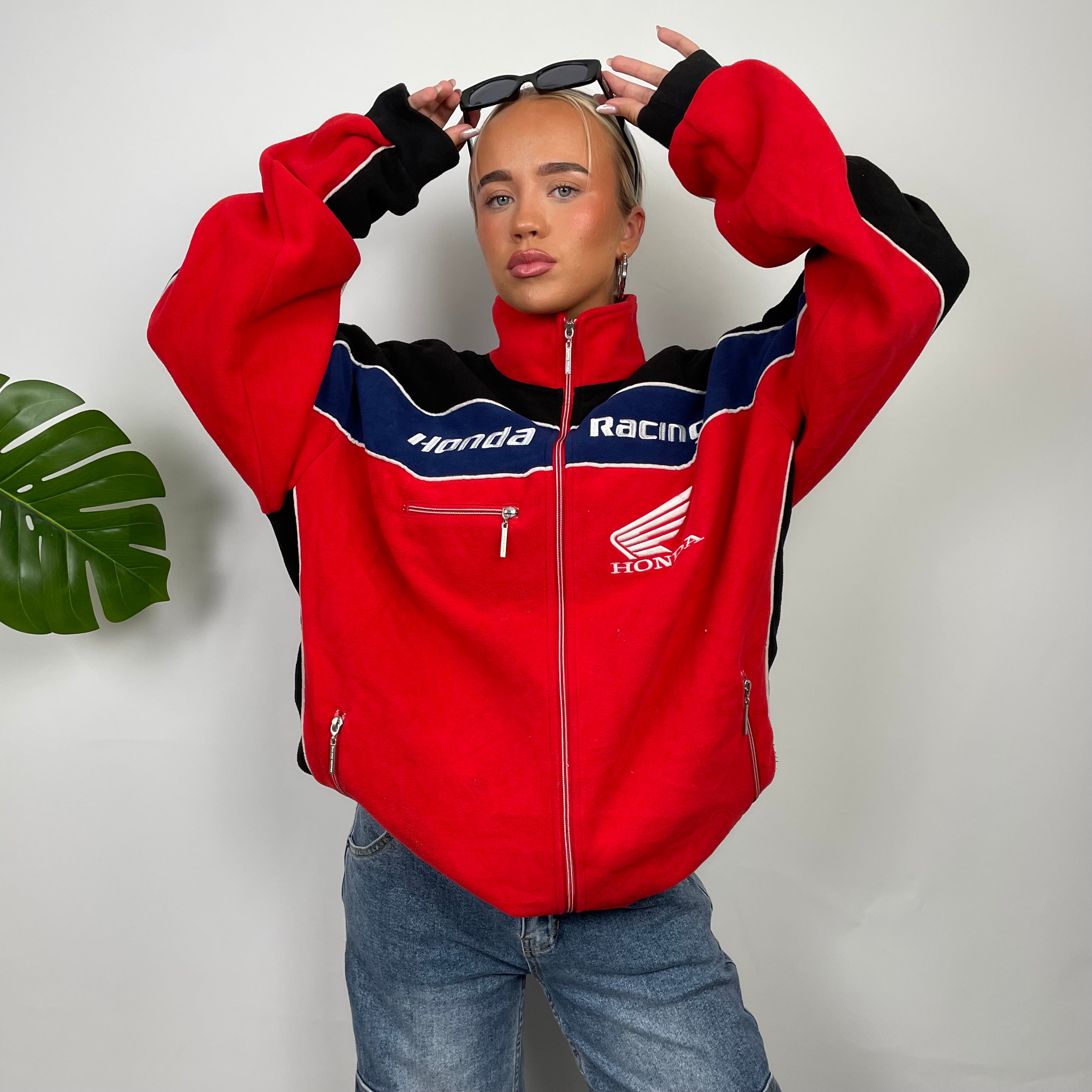 Honda Racing Red Embroidered Spell Out Zip Up Hoodie Jacket XXXL Jamie Online Vintage