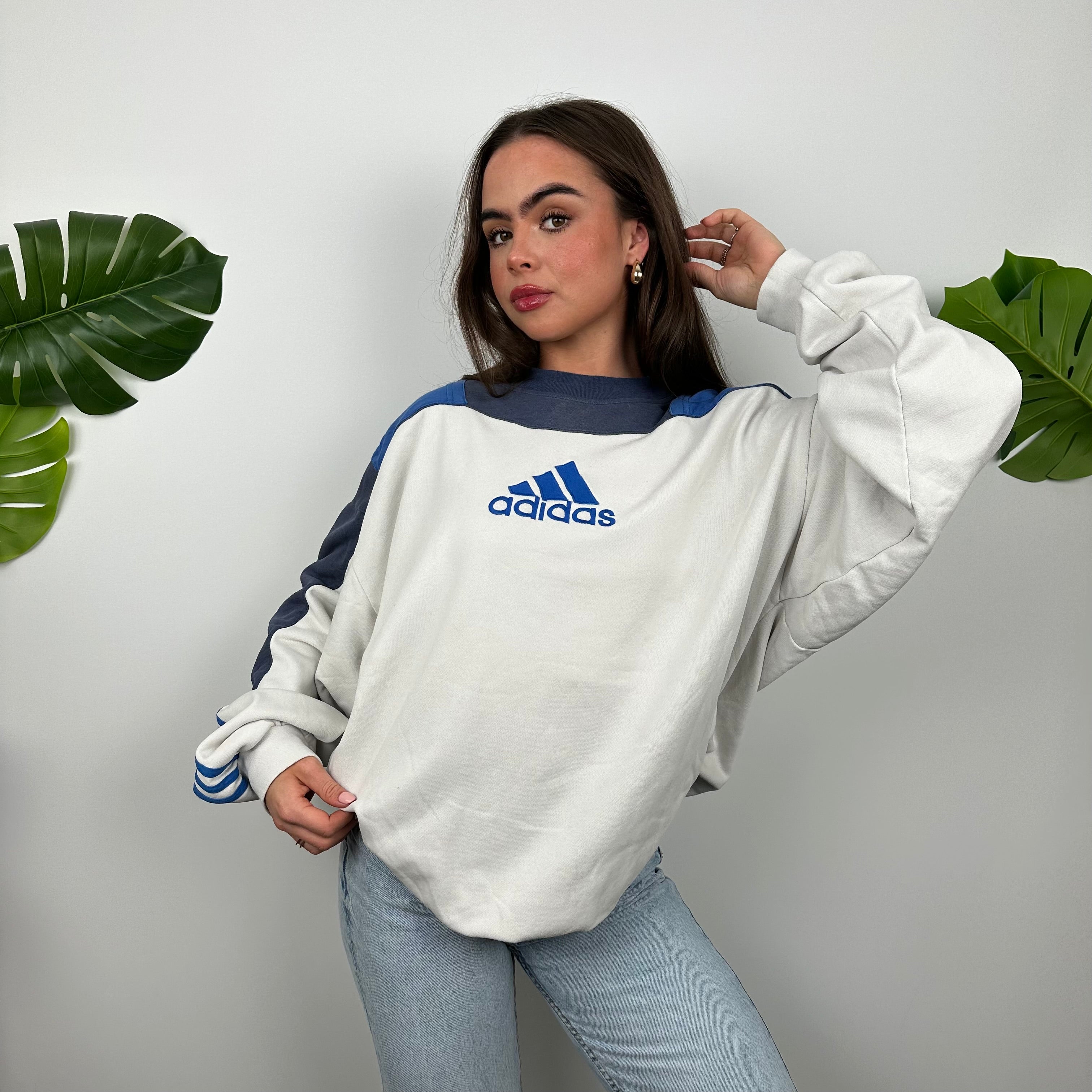 Adidas White and Navy Embroidered Spell Out Sweatshirt (L)