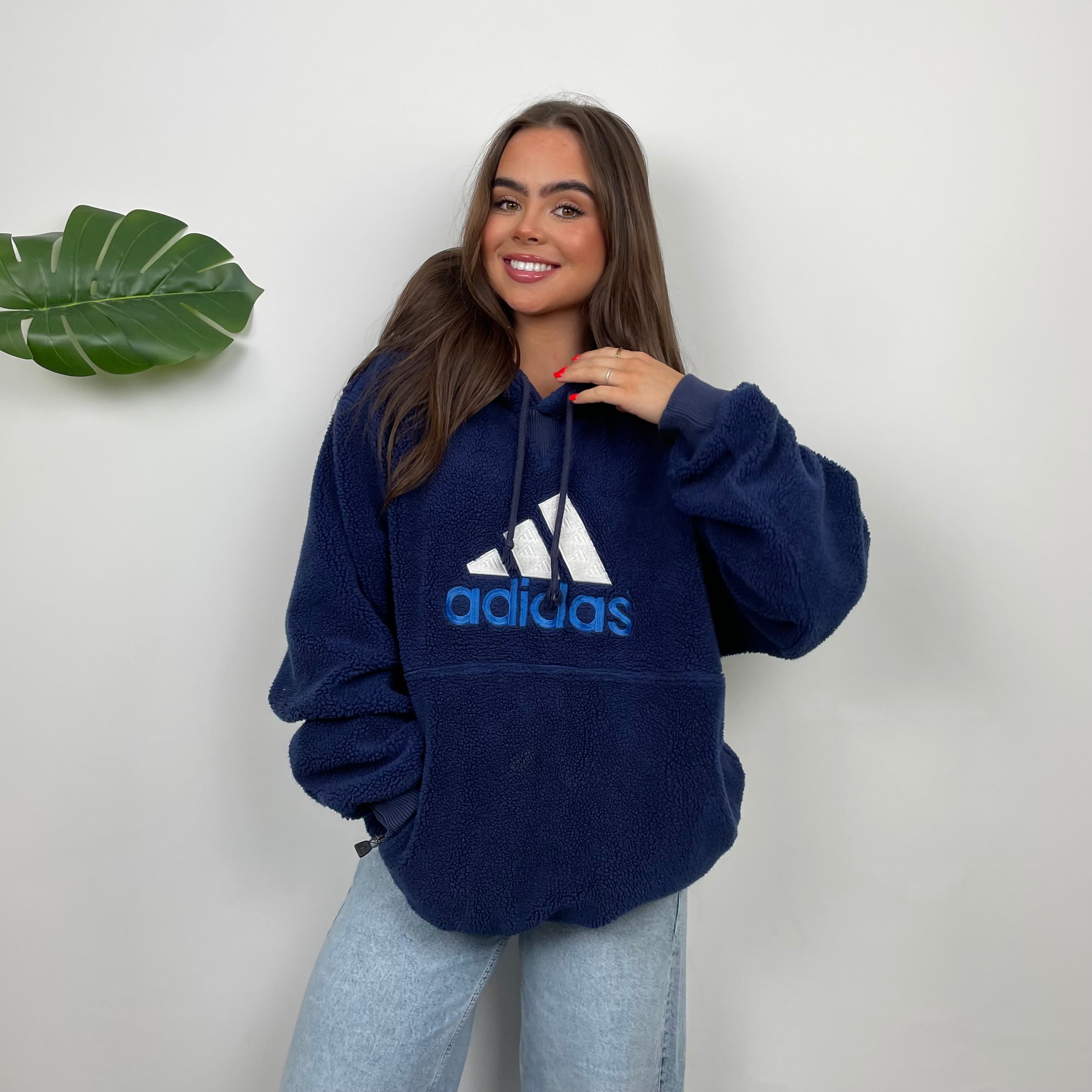 Adidas RARE Navy Embroidered Spell Out Teddy Bear Sherpa Fleece Hoodie (L)