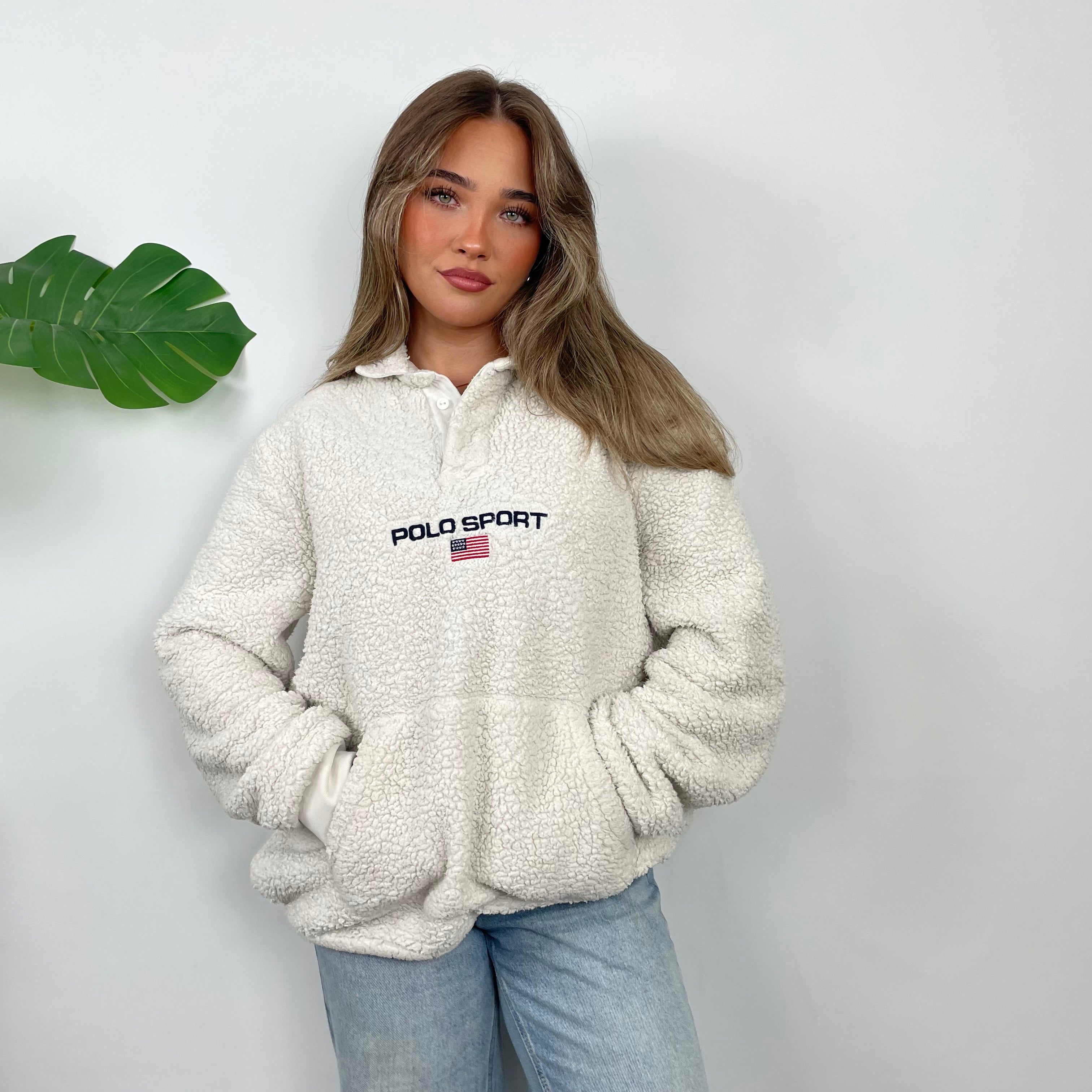 Polo Ralph Lauren Sport RARE Cream Embroidered Spell Out Teddy Bear Fleece Button Up Sweatshirt (L)
