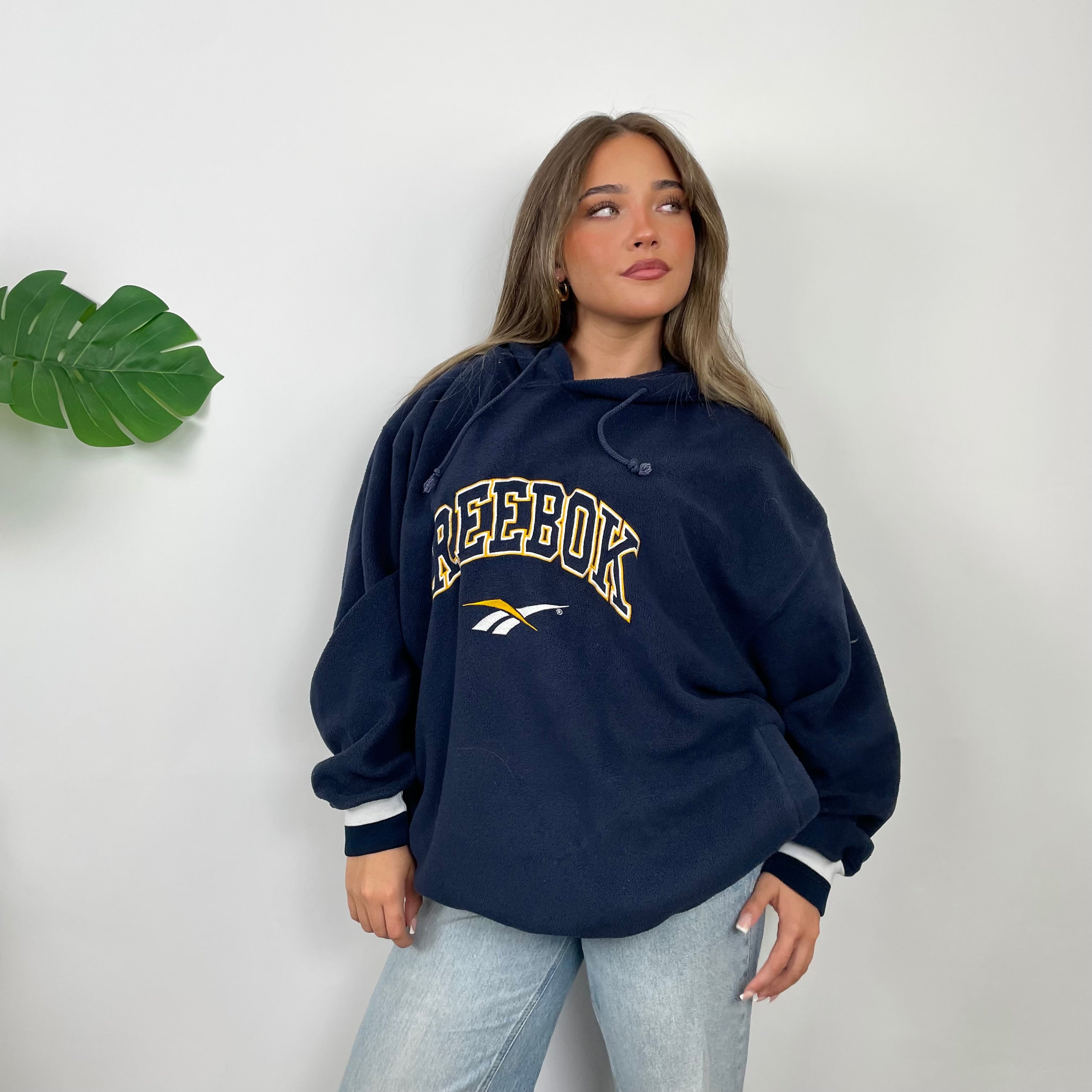 Reebok RARE Navy Embroidered Spell Out Teddy Bear Sherpa Fleece Hoodie (L)