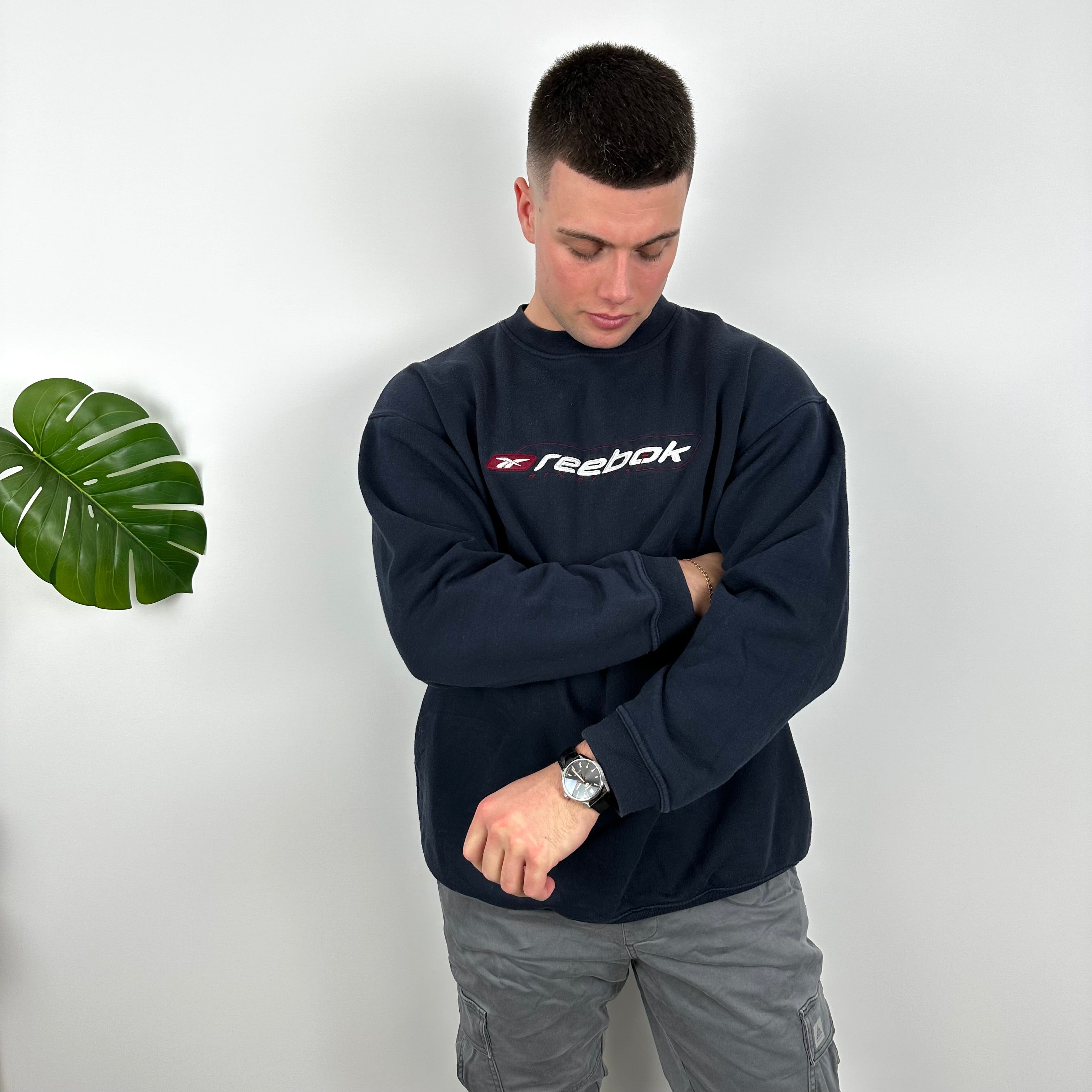 Reebok RARE Navy Embroidered Spell Out Sweatshirt (L)