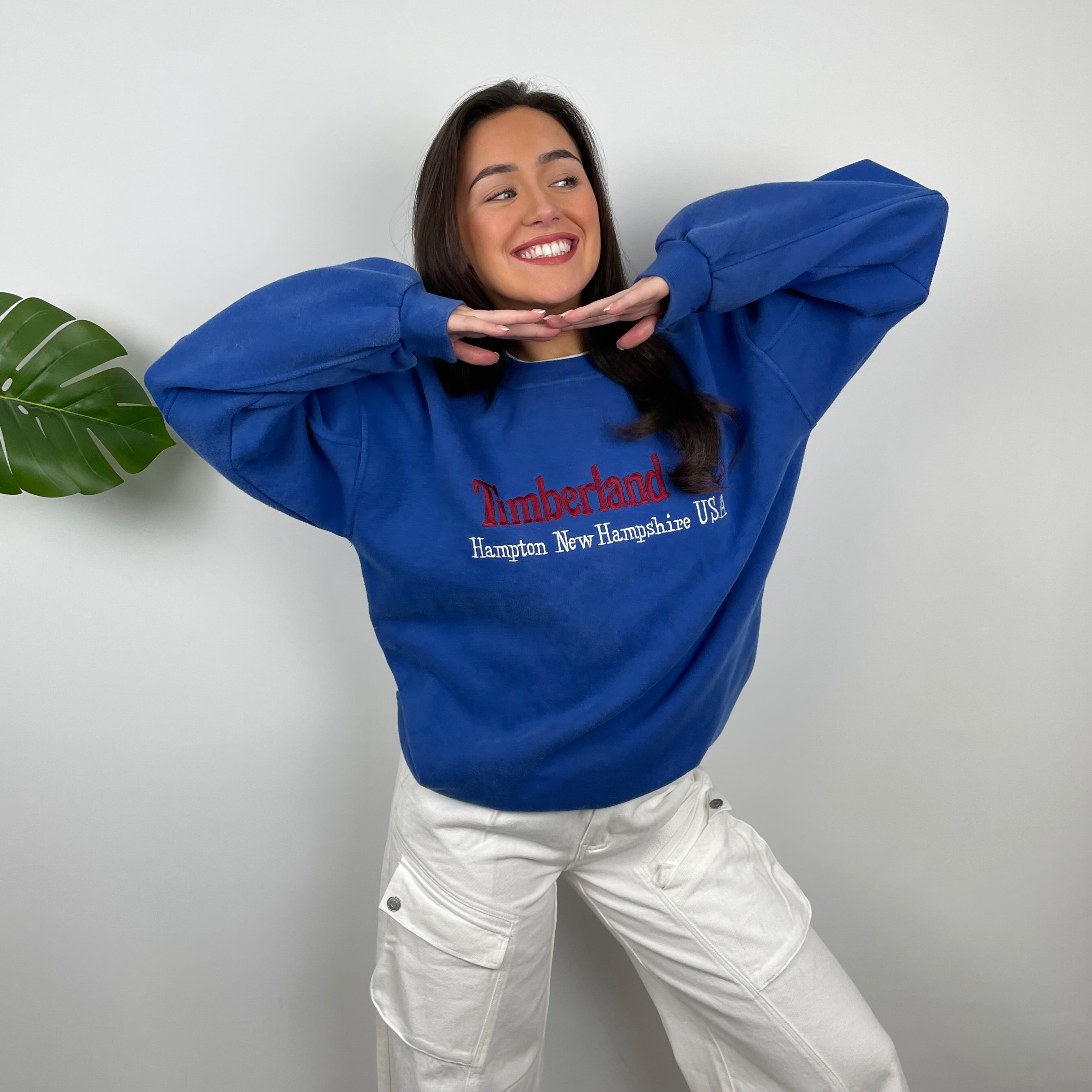 Timberland RARE Blue Embroidered Spell Out Sweatshirt (L)