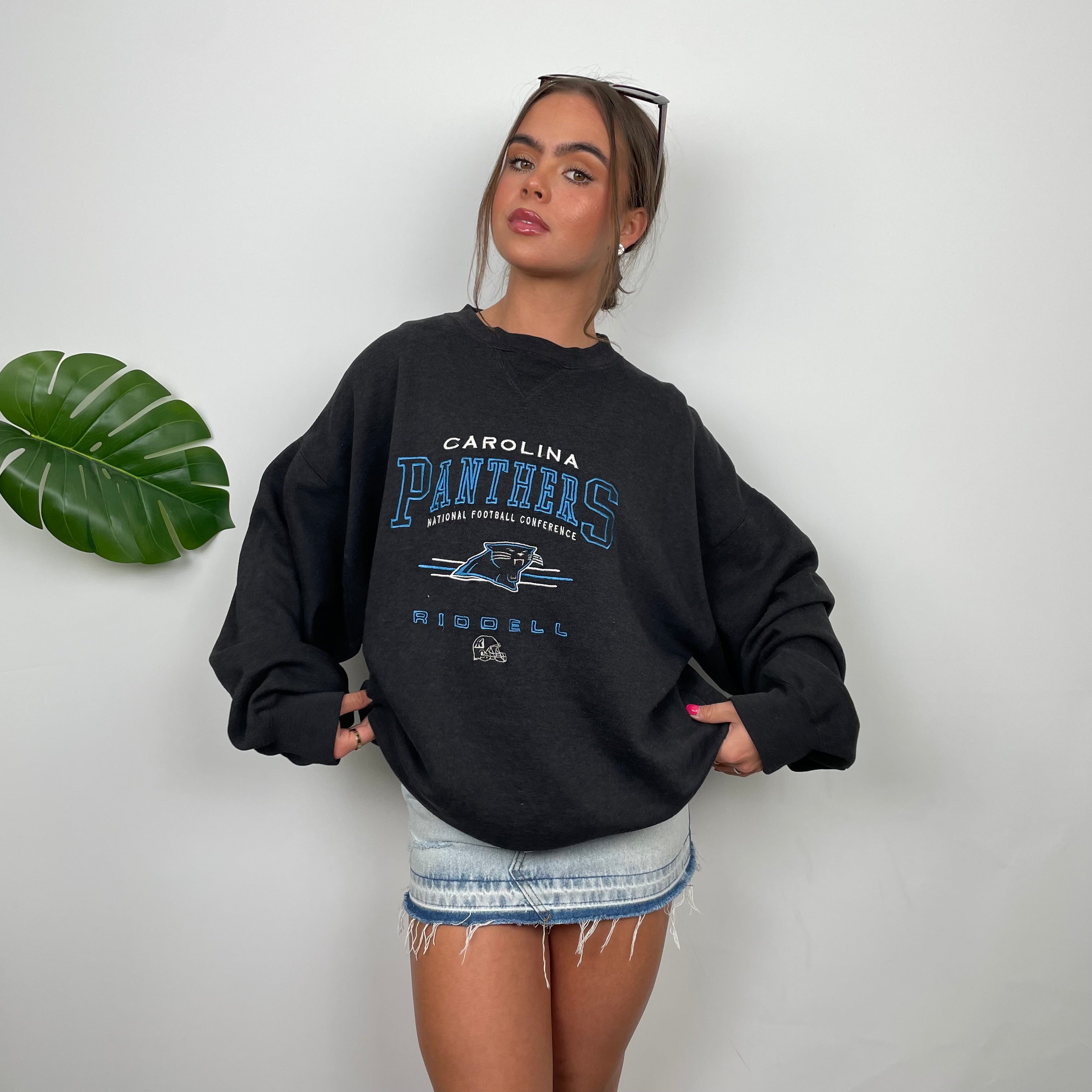 Carolina Panthers Black Embroidered Spell Out Sweatshirt (L)