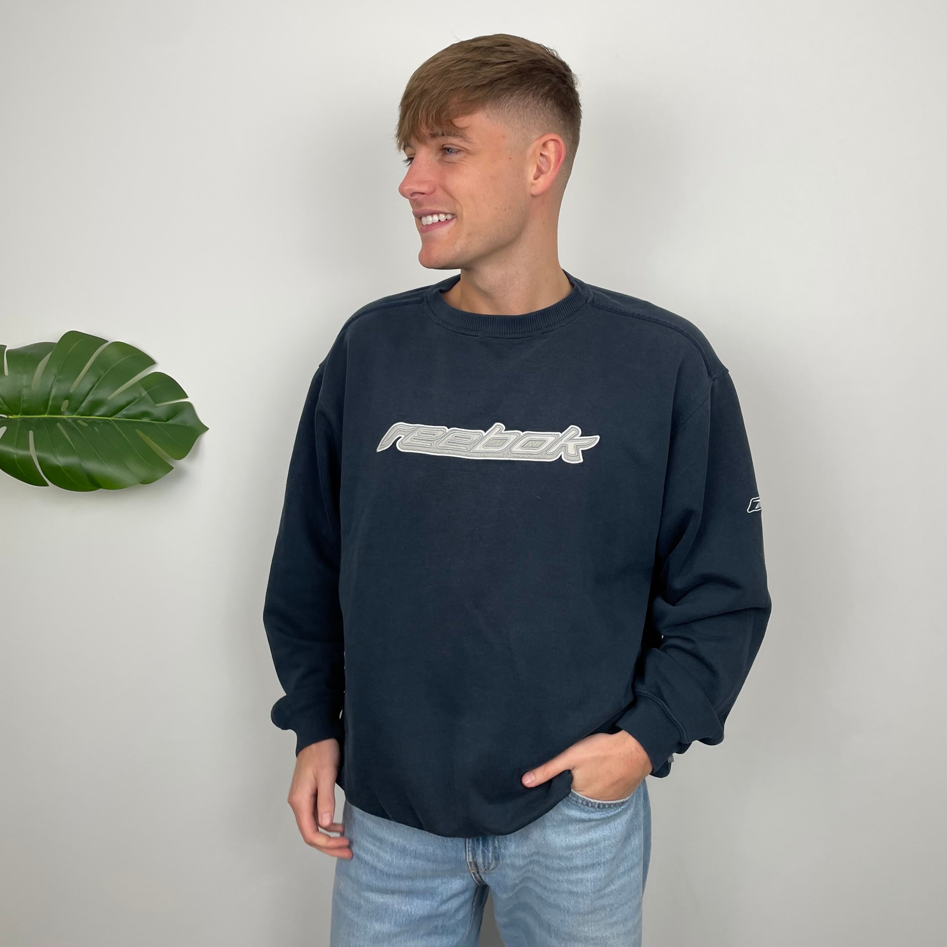 Reebok Navy Embroidered Spell Out Sweatshirt (L)