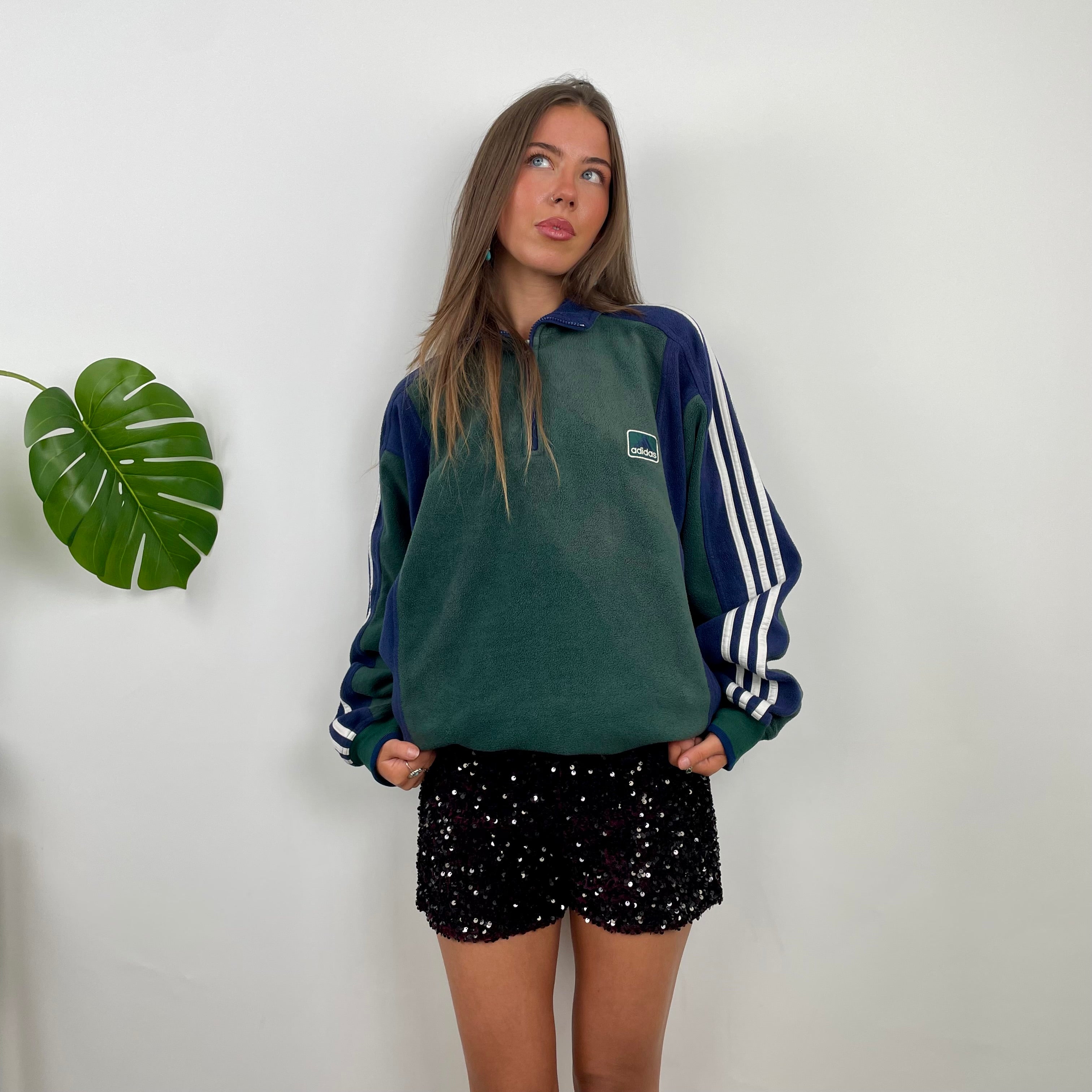 Adidas Green Embroidered Spell Out Fleece Quarter Zip Sweatshirt (XL)