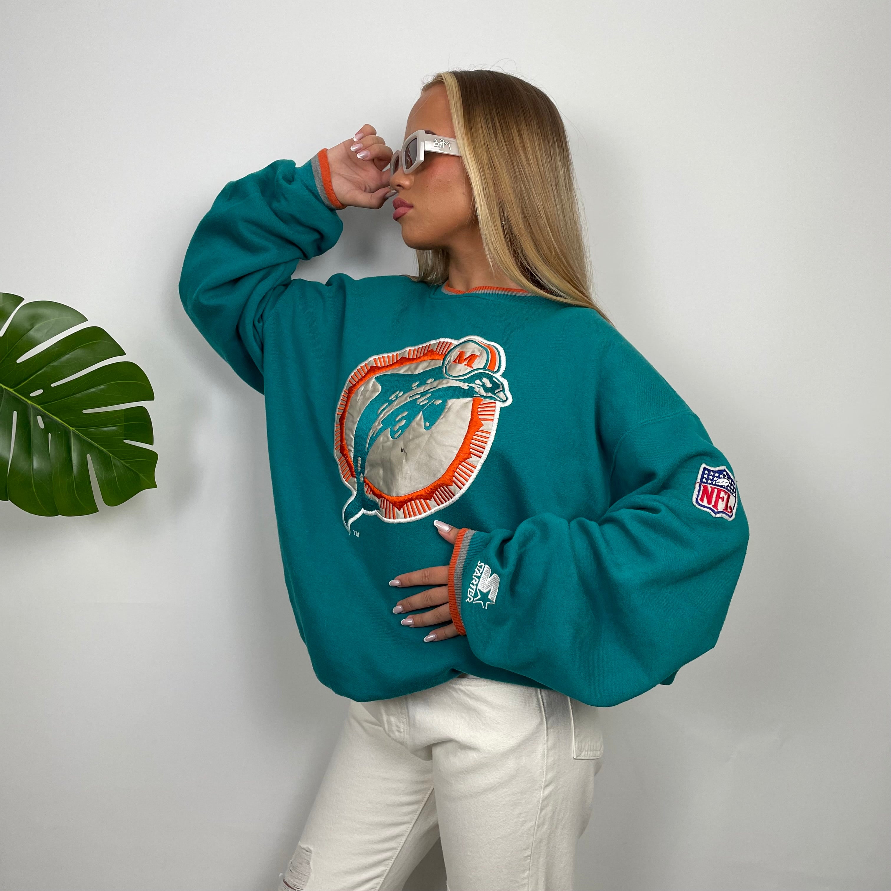 NFL Miami Dolphins Turquoise Embroidered Spell Out Sweatshirt (L)