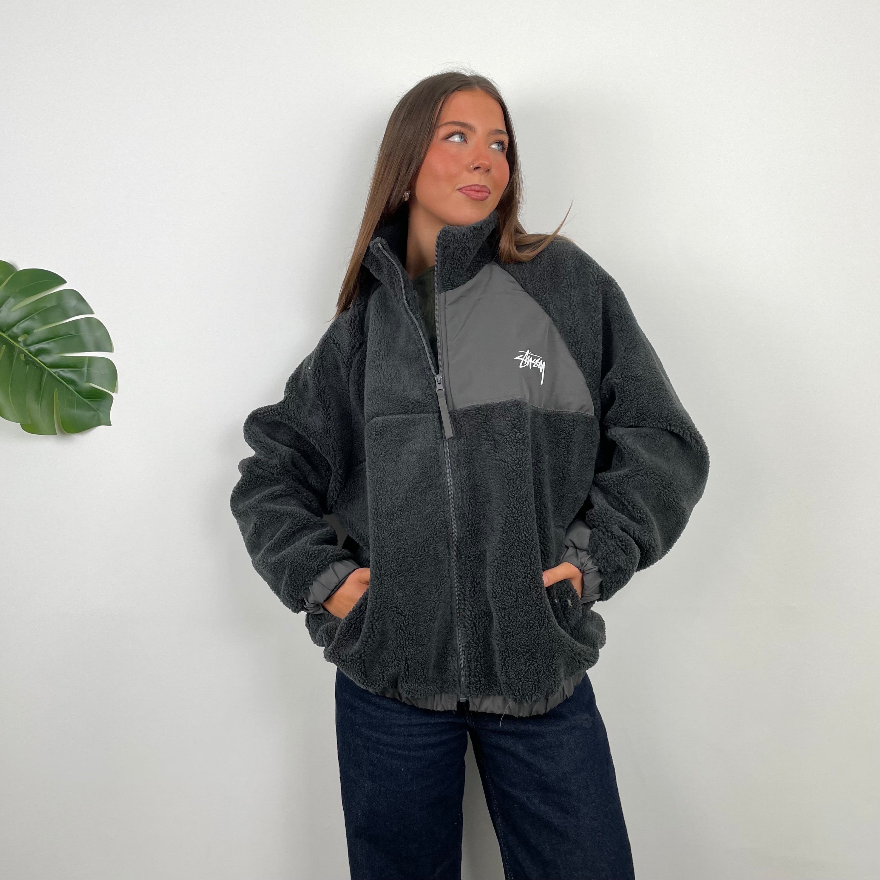Stussy Black Teddy Bear Sherpa Fleece Zip Up Jacket (M)