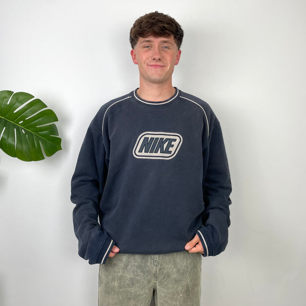 Nike RARE Navy Embroidered Spell Out Sweatshirt (XL)