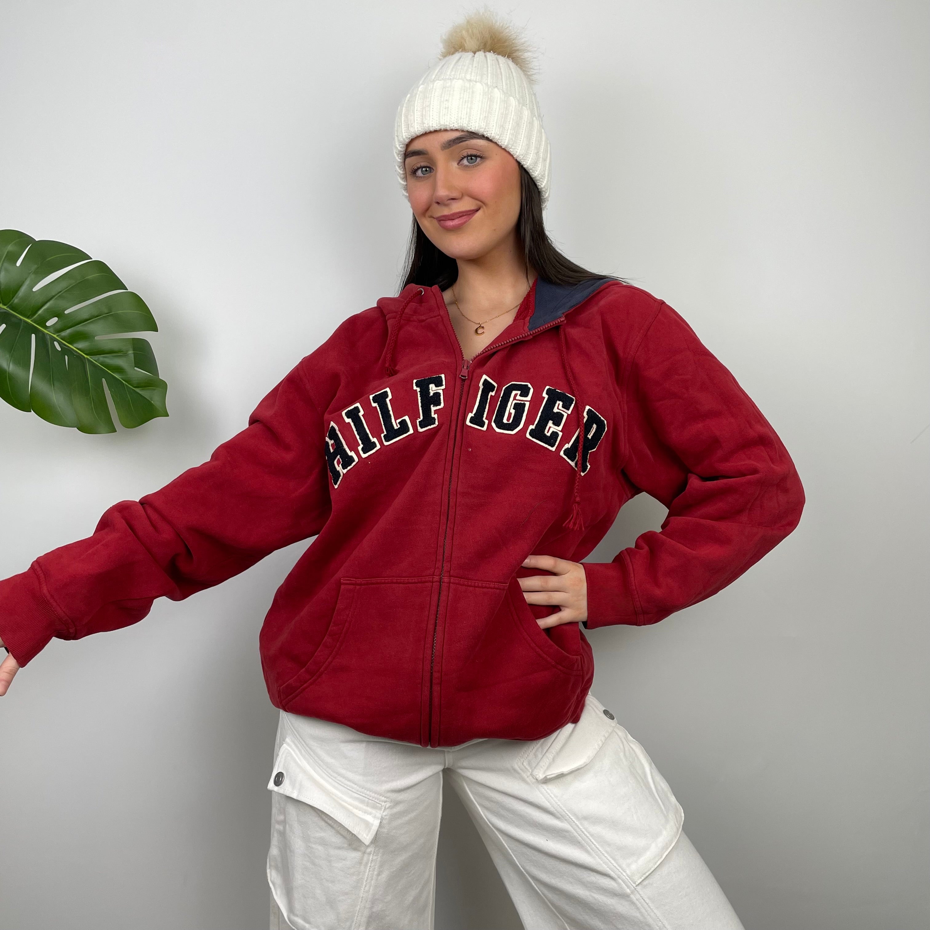 Tommy Hilfiger RARE Red Embroidered Spell Out  Zip Up Hoodie (L)