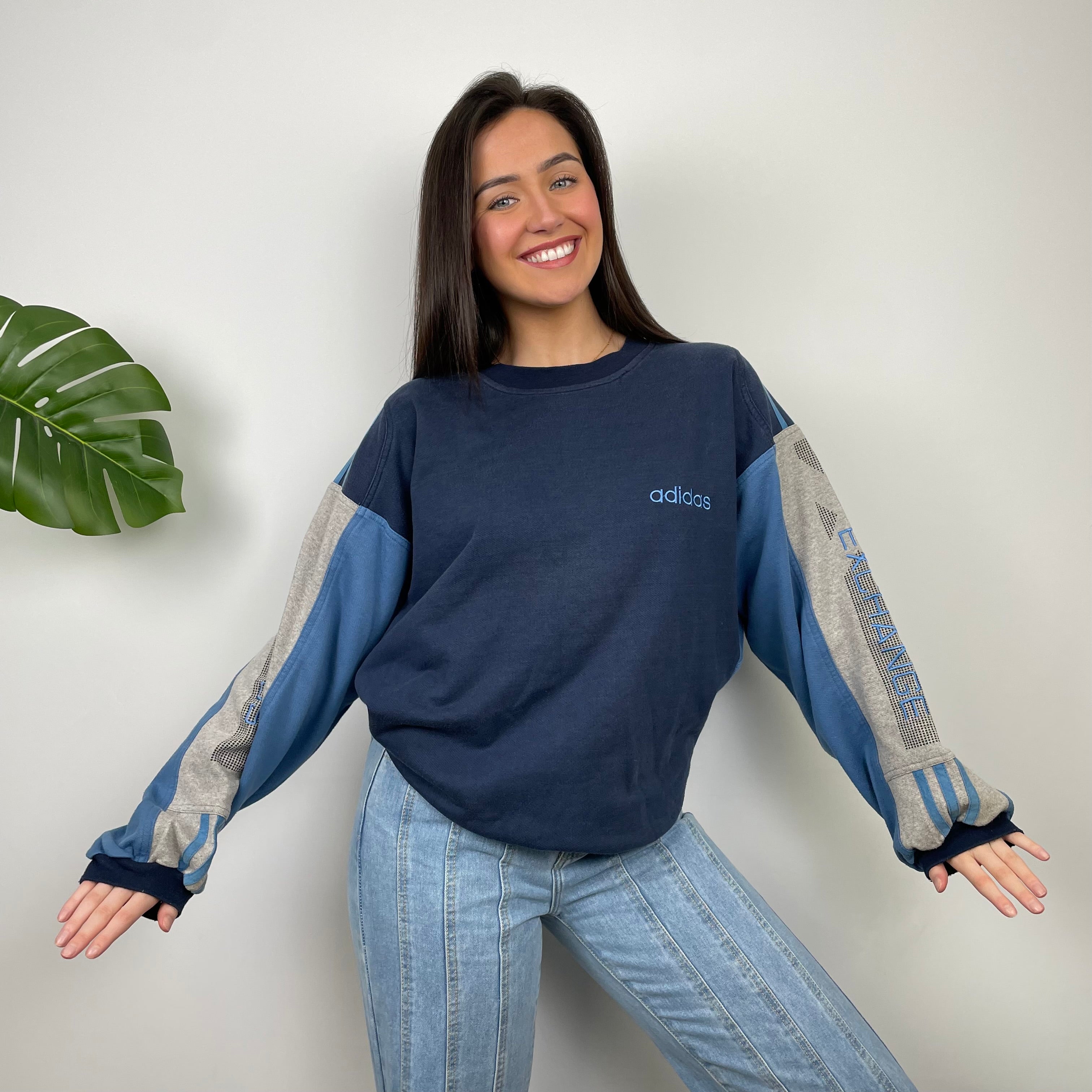 Adidas Blue Embroidered Spell Out Sweatshirt (L)