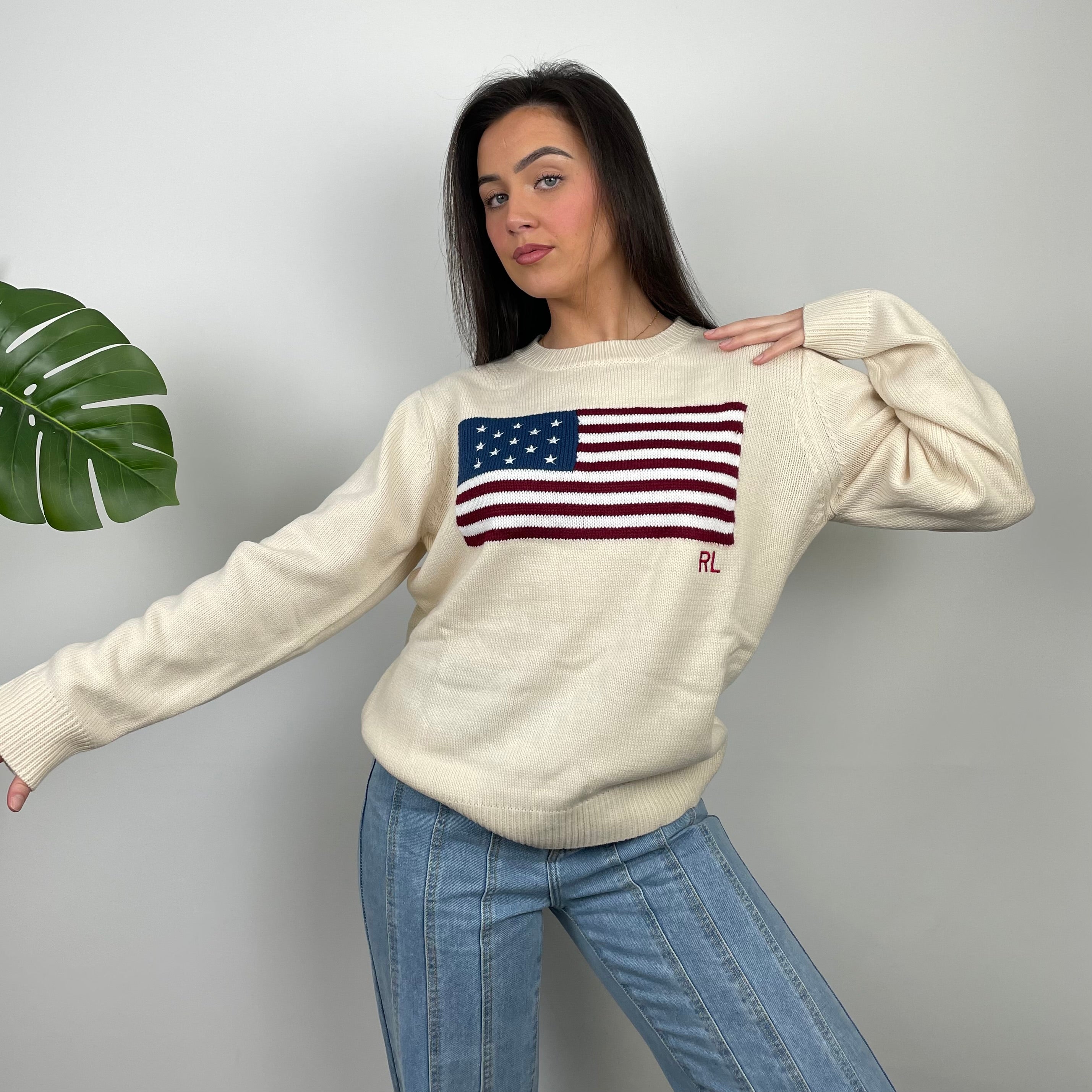Polo Ralph Lauren Cream Embroidered Spell Out Knitted Sweater (M)