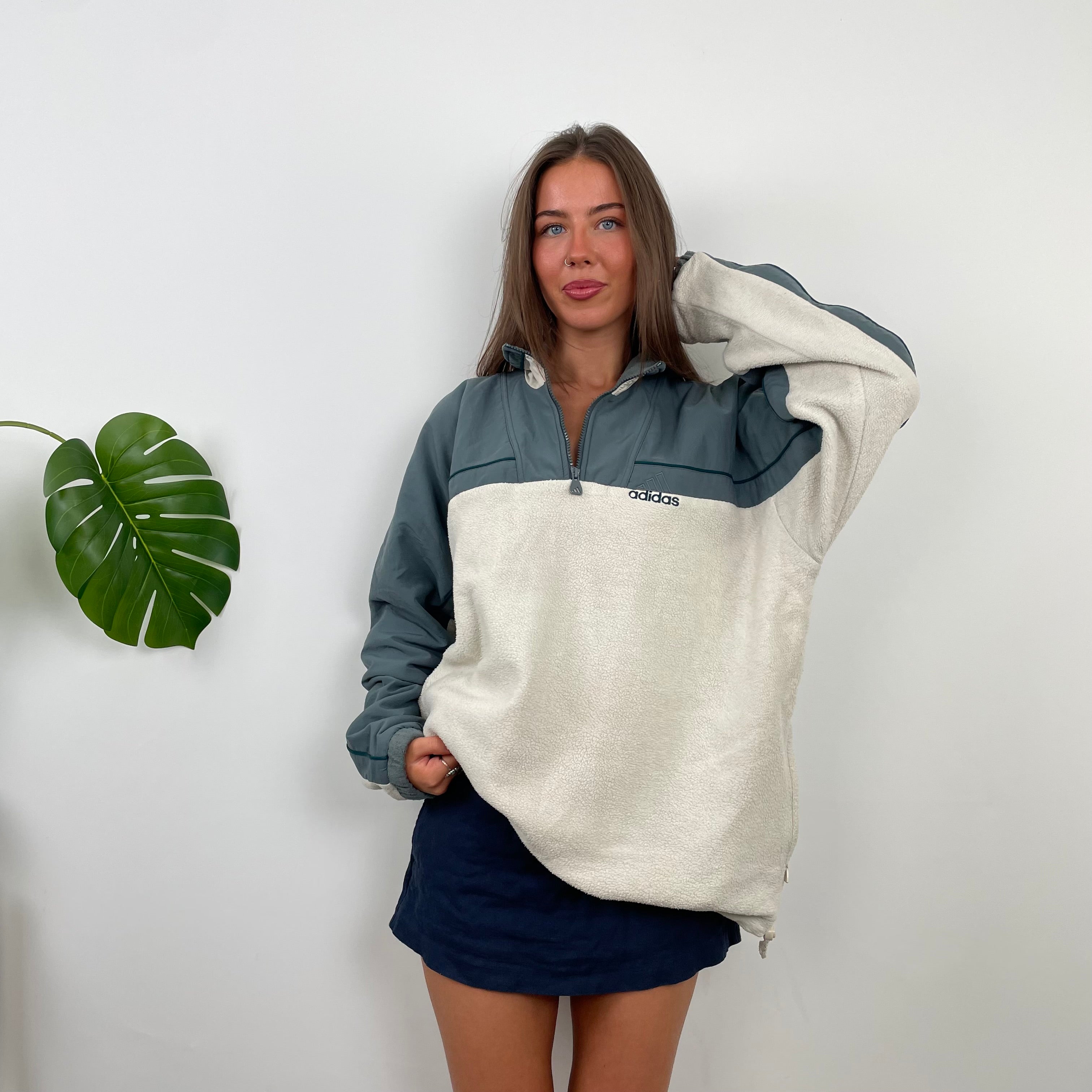 Adidas RARE Cream Embroidered Spell Out Teddy Bear Fleece Quarter Zip Sweatshirt (XL)