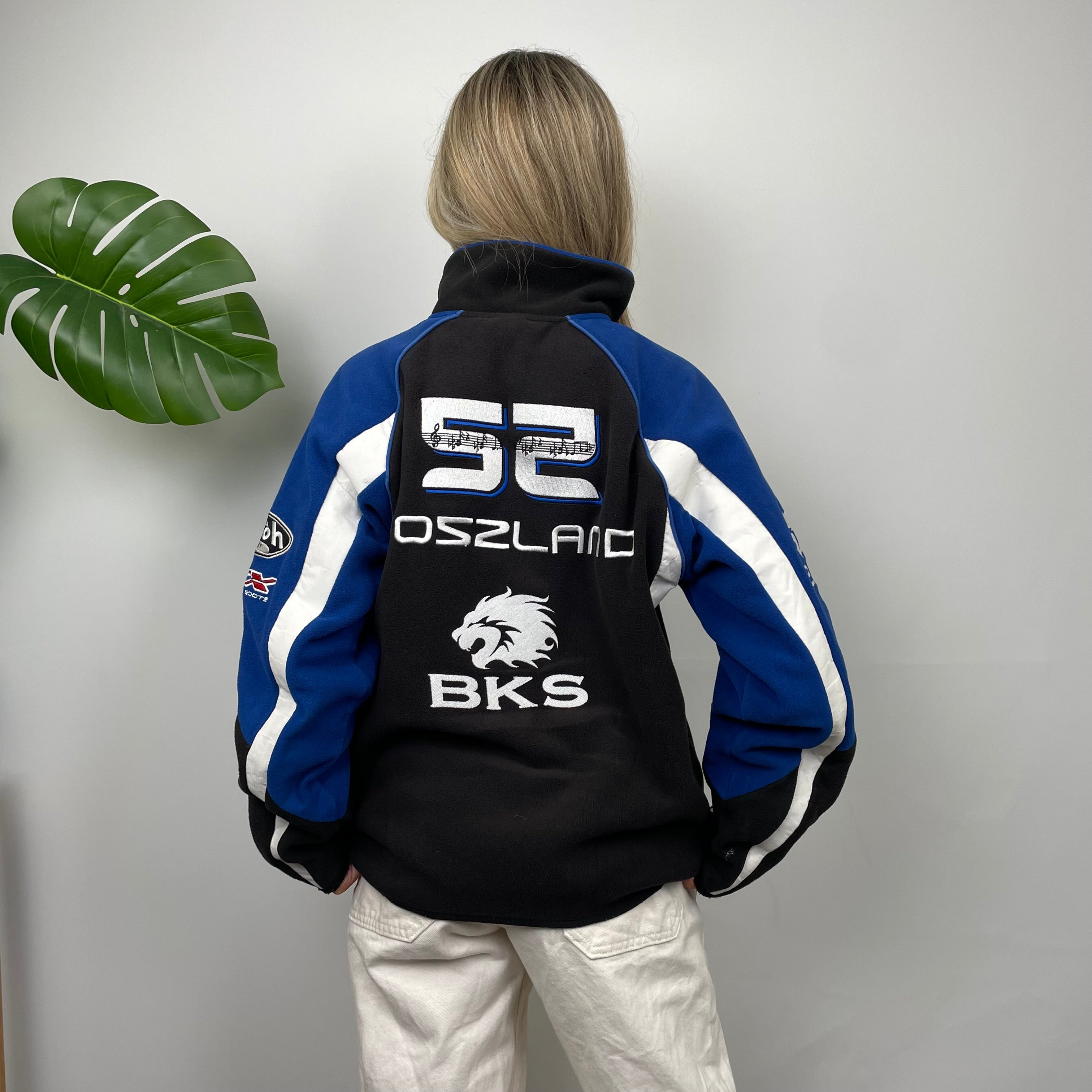 BKS Racing Blue Embroidered Spell Out Zip Up Fleece Jacket (M)