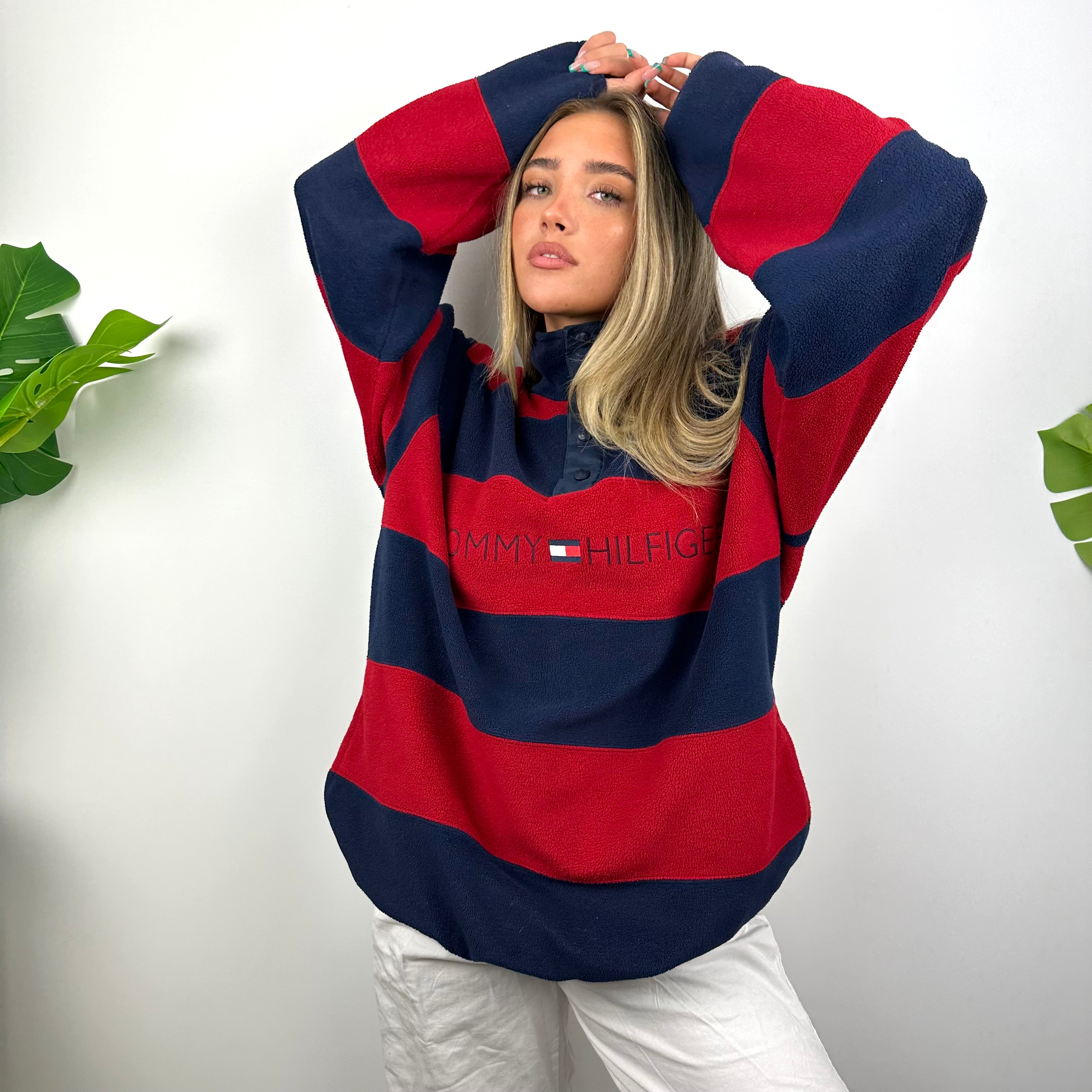 Tommy Hilfiger Red & Navy Striped Embroidered Spell Out Teddy Bear Button Fleece Sweatshirt (M)