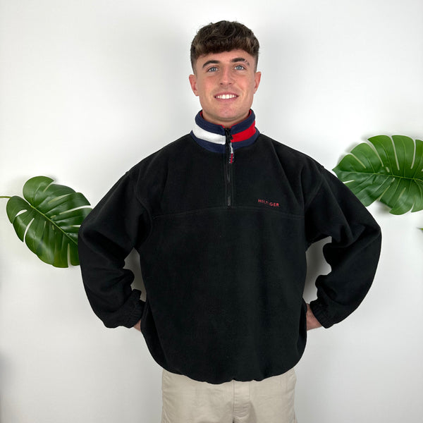 Tommy Hilfiger Black Embroidered Spell Out Teddy Bear Fleece Quarter Zip Sweatshirt (L)