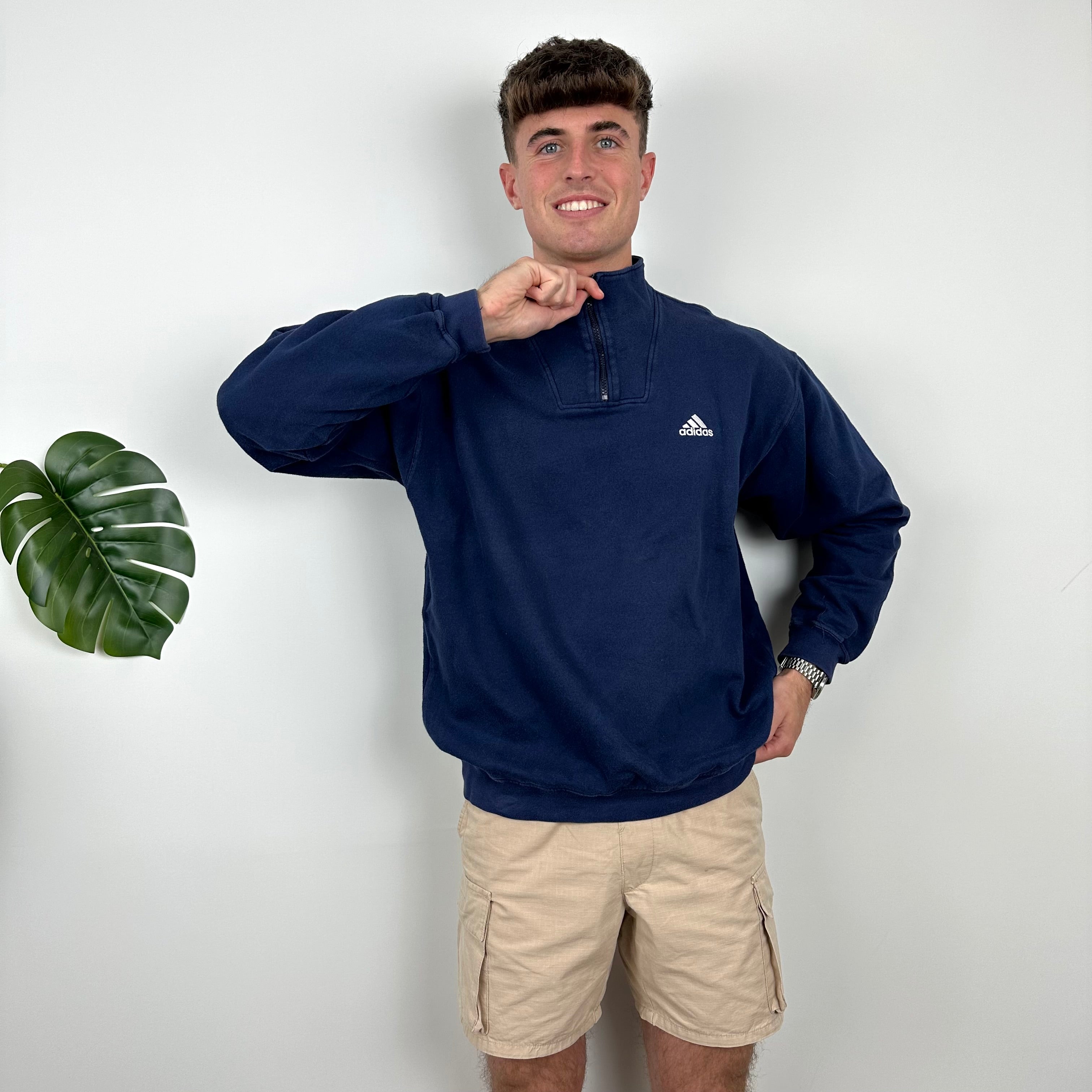 Adidas RARE Navy Embroidered Spell Out Quarter Zip Sweatshirt (L)